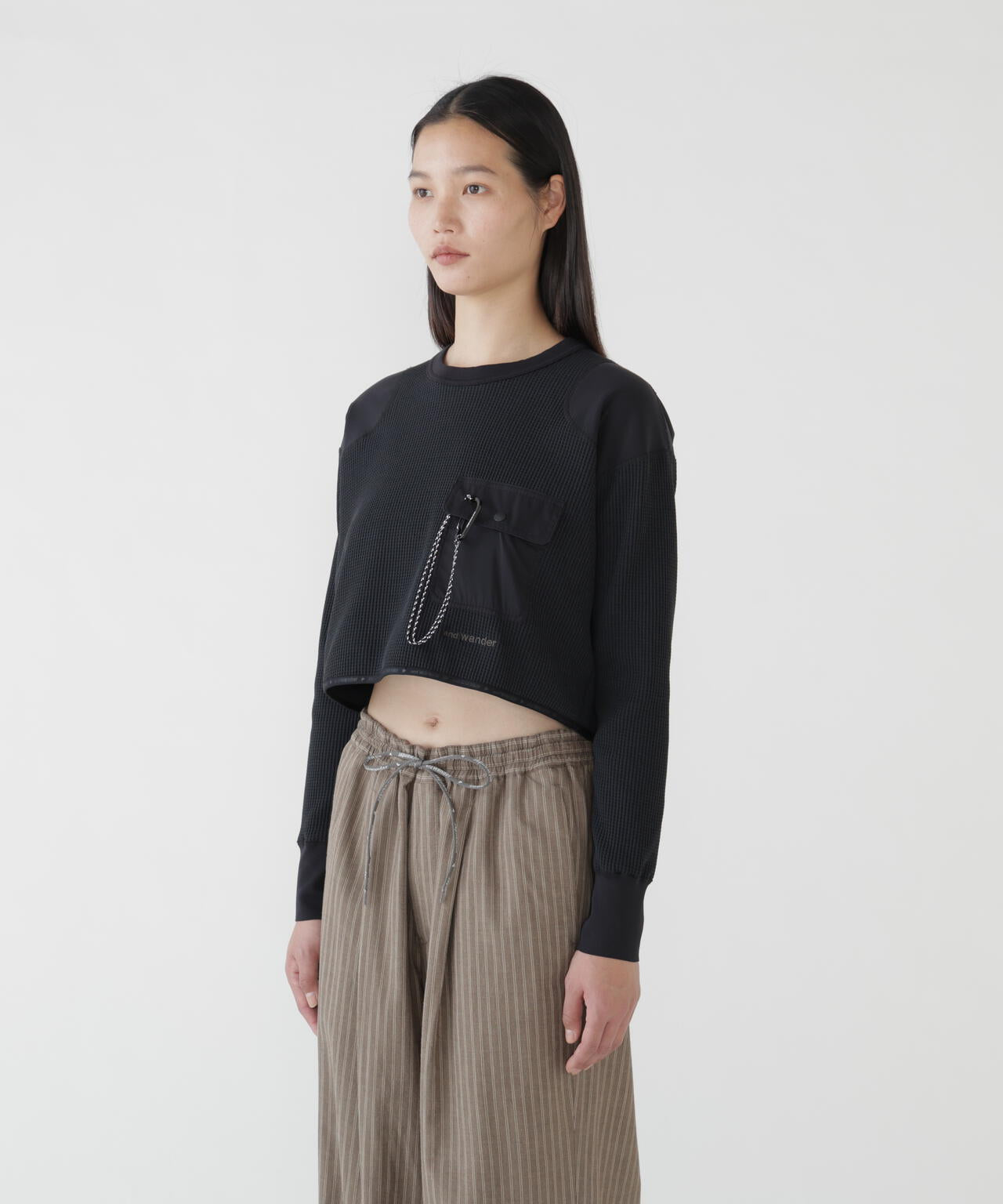 【極美品】アンドワンダー　PEワッフルショートレングスT　ブラック PE waffle short length T (W) | and wander（アンドワンダー