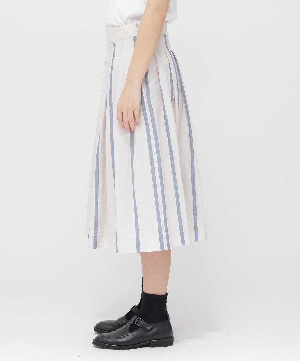 【タグ付美品】マーガレットハウエル コットンリネン ストライプ プリーツスカート BOLD STRIPE COTTON LINEN SKIRT | MARGARET HOWELL（マーガレット