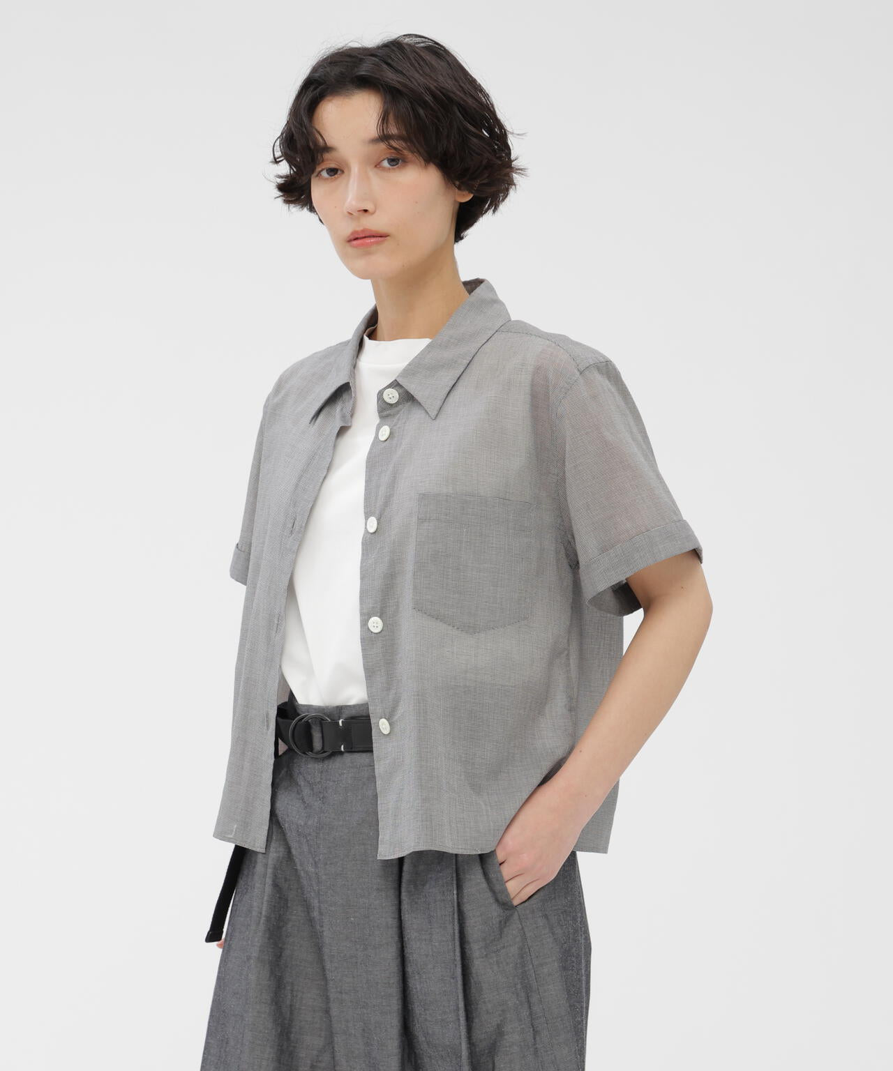 マーガレットハウエル チェック柄 コットンシャツ 白×グレー 丸襟 SOFT COTTON CHECK SHIRT | MARGARET HOWELL（マーガレット・ハウエル