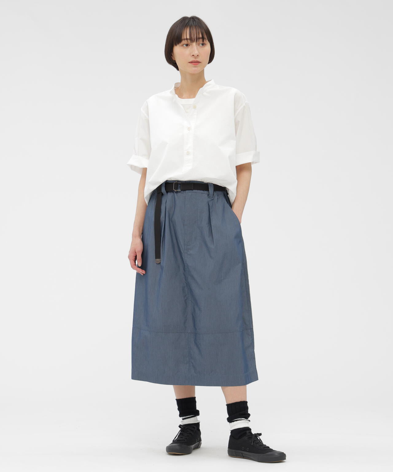 MHL. / エムエイチエルマーガレットハウエル | COTTON RAMIE POPLIN コットン カラーレスシャツ | 2 | ブルーグレー | レディース COTTON RAMIE POPLIN SHIRT | MARGARET HOWELL（マーガレット