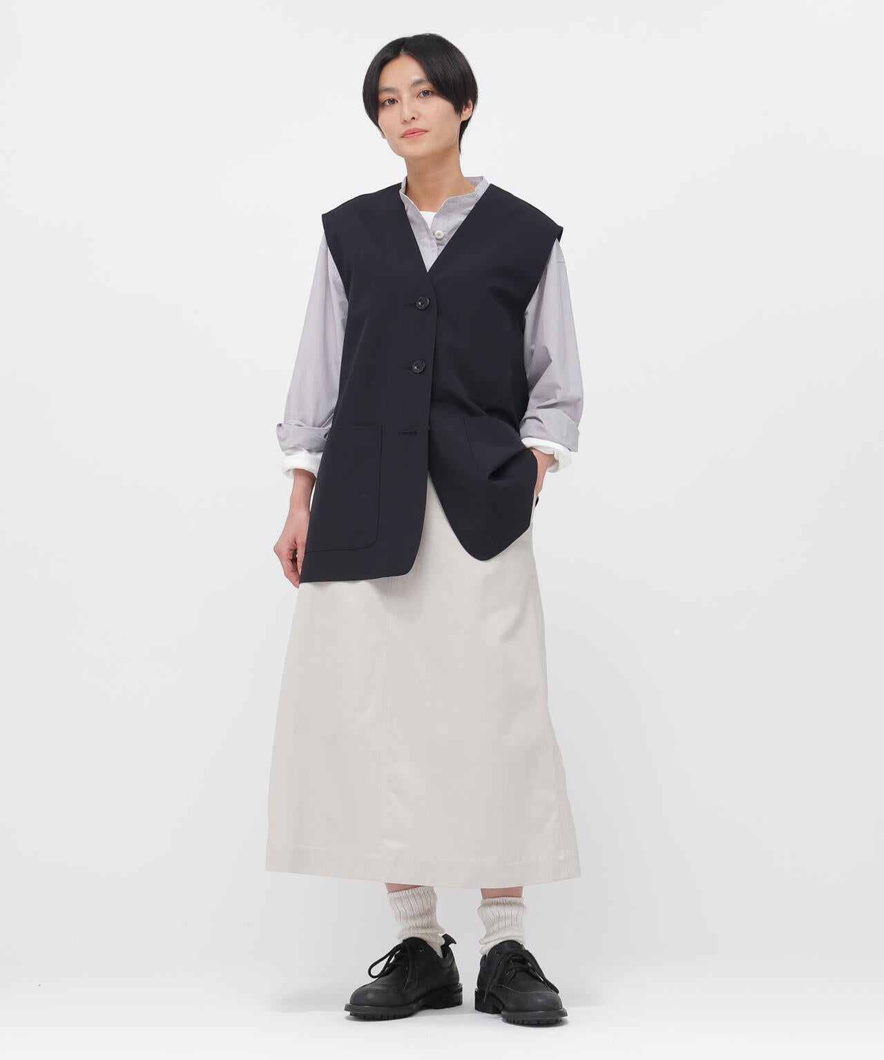 MHL. / エムエイチエルマーガレットハウエル | COTTON RAMIE POPLIN コットン カラーレスシャツ | 2 | ブルーグレー | レディース COTTON RAMIE POPLIN SHIRT | MARGARET HOWELL（マーガレット