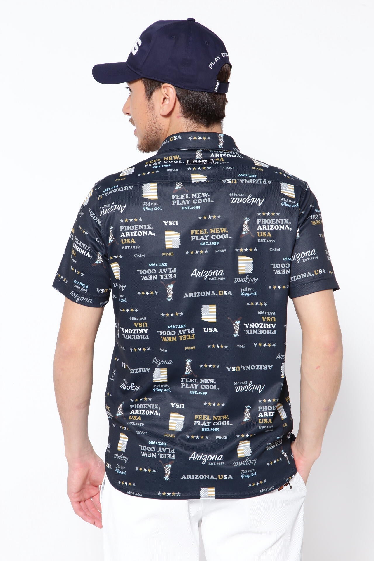 PING ロゴプリント ポロシャツ PING APPAREL】ハローアリゾナプリント ハニカム半袖ポロシャツ