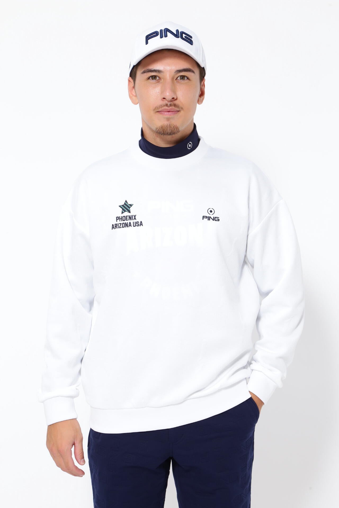 PING APPAREL】Mr.PINGアルファベットシャドー柄 クルーネック