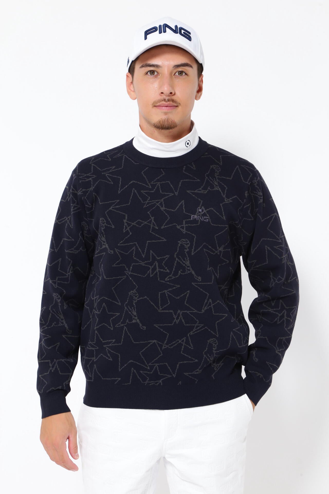 PING APPAREL】星柄×Mr.PING ジャカードクルーネックニットプル