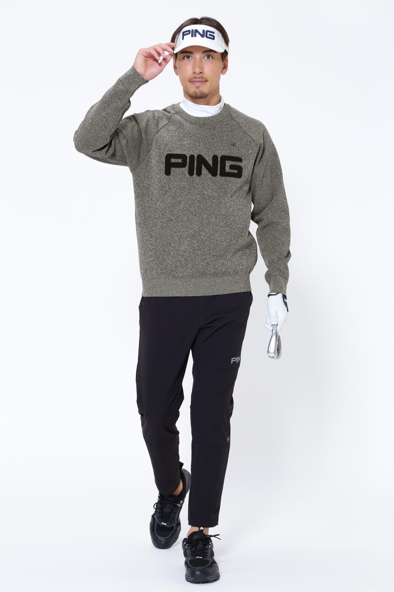 新品タグ付き　PING ピン　ロゴパイルジャガードクルーネックニット Ｌ　グレー PING APPAREL】PINGロゴパイルジャガード クルーネックニットプル