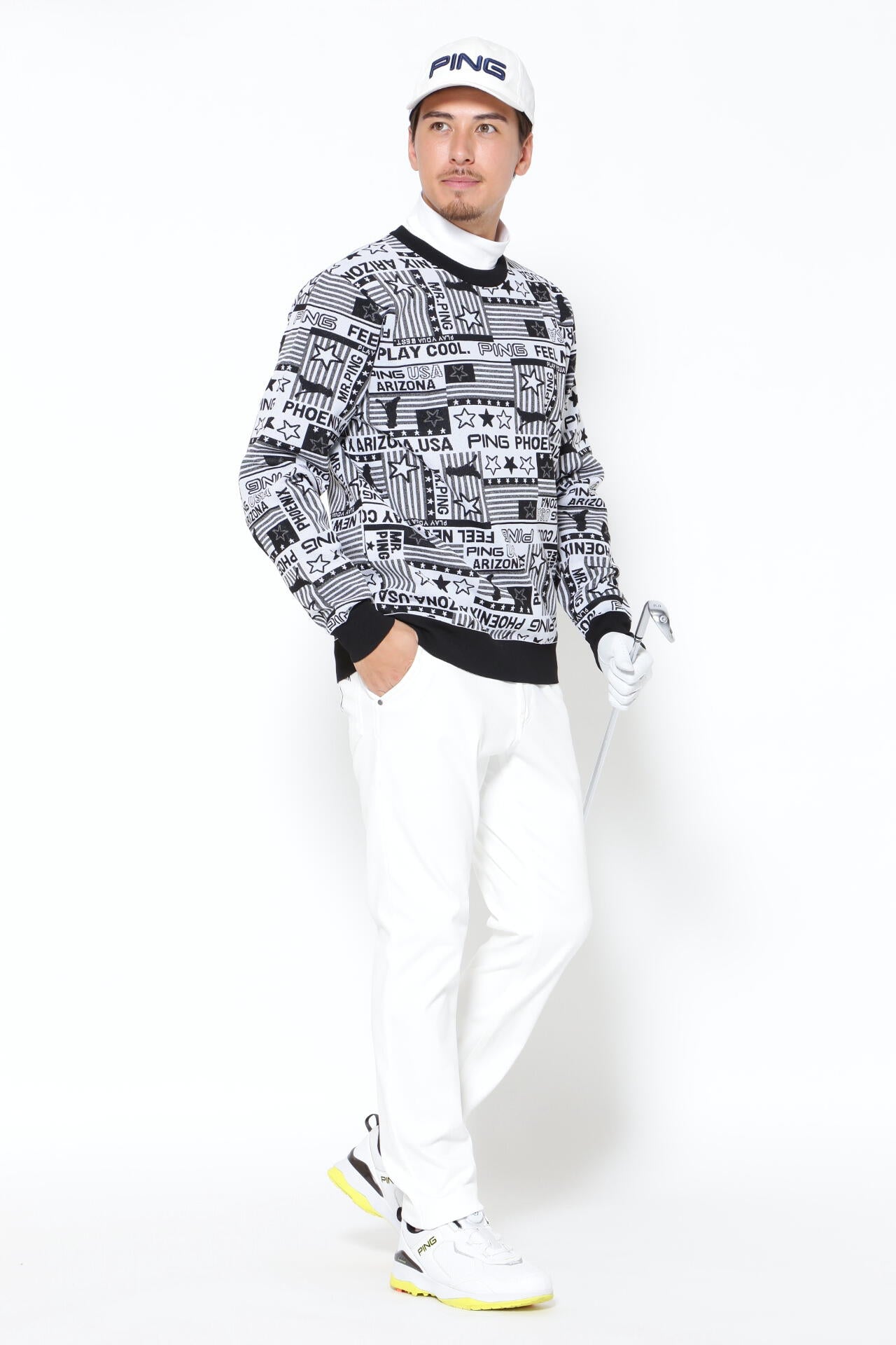 【モコさん専用】新品！PING APPARELクールマックスエコメイド ドビーブ PING APPAREL】Starry三色旗柄ジャカード クルーネックニット プル