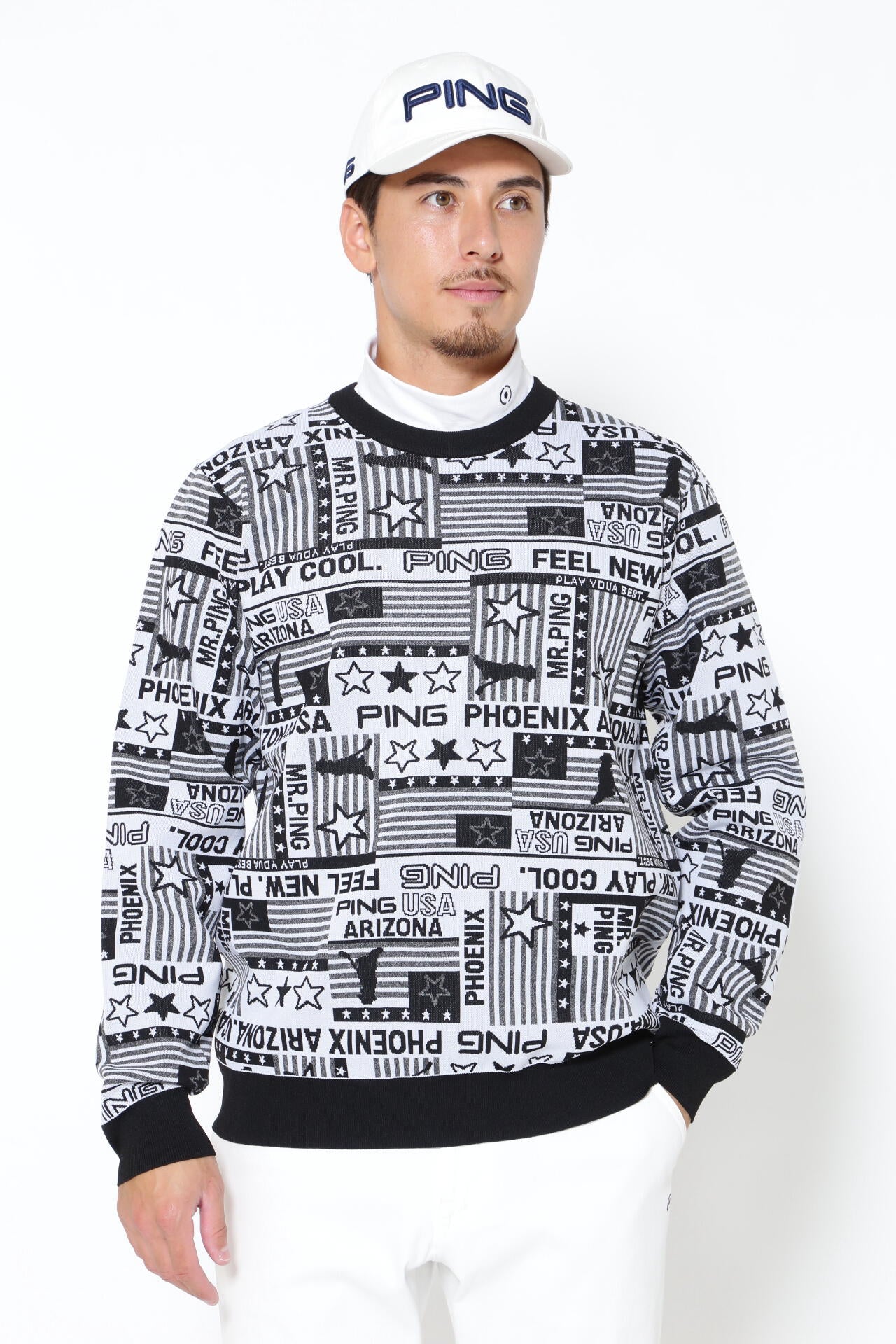 Ping  M様限定 PING APPAREL】Starry三色旗柄ジャカード クルーネックニット プル
