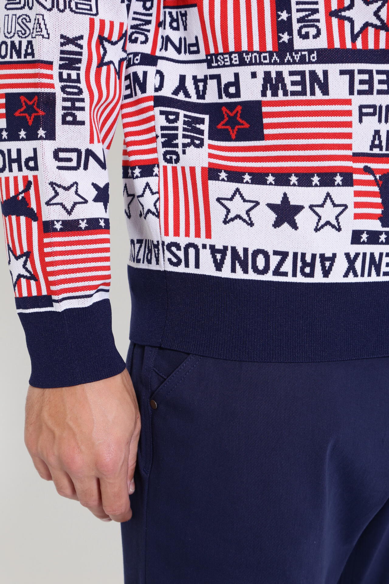 PING APPAREL】Starry三色旗柄ジャカード クルーネックニット プル