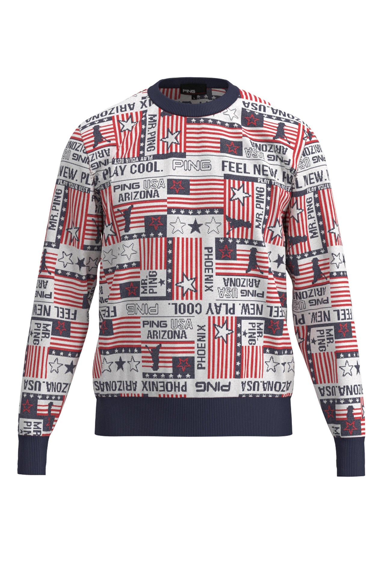 PING APPAREL】Starry三色旗柄ジャカード クルーネックニット プル