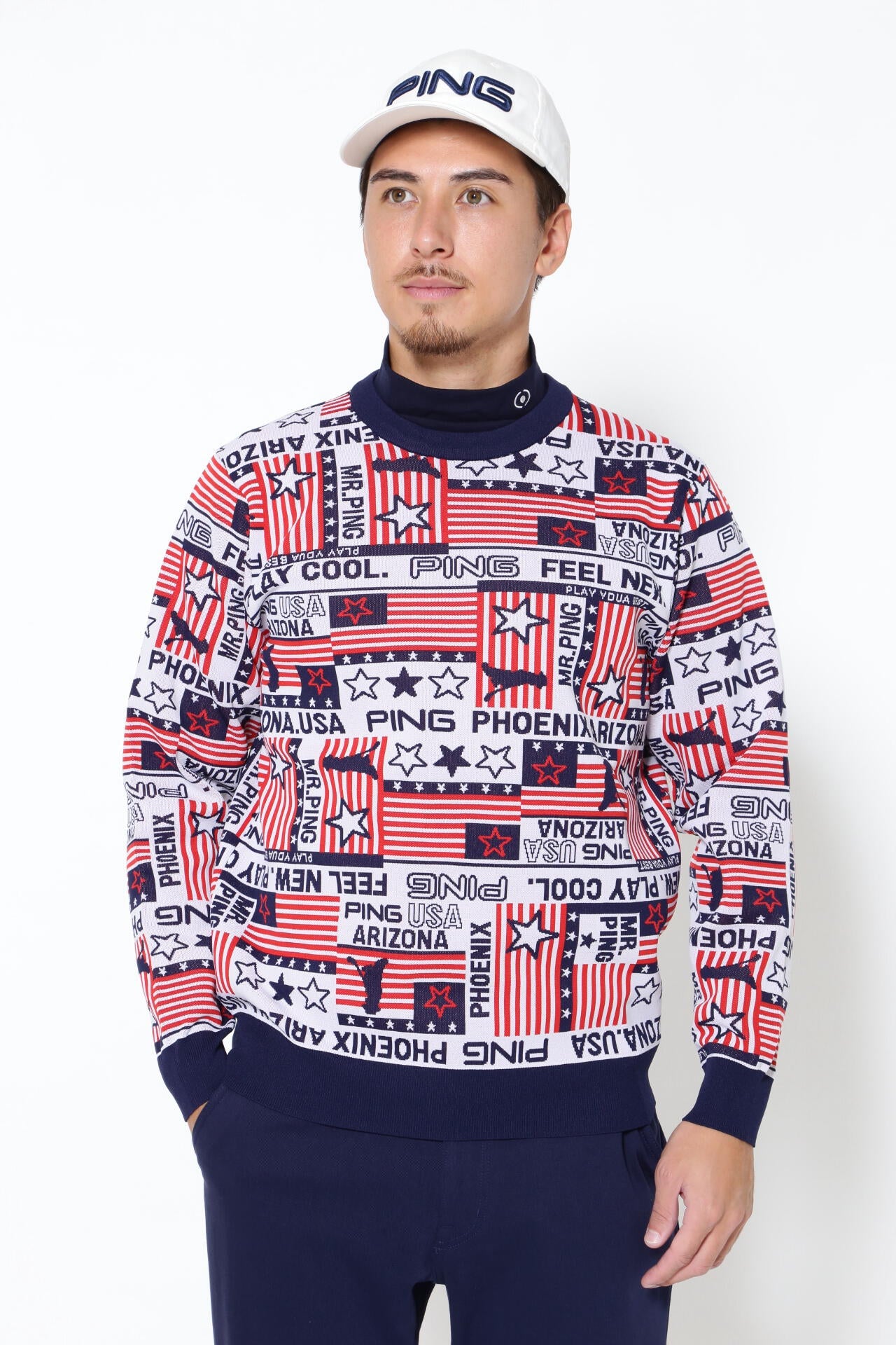 PING APPAREL】Starry三色旗柄ジャカード クルーネックニット プル