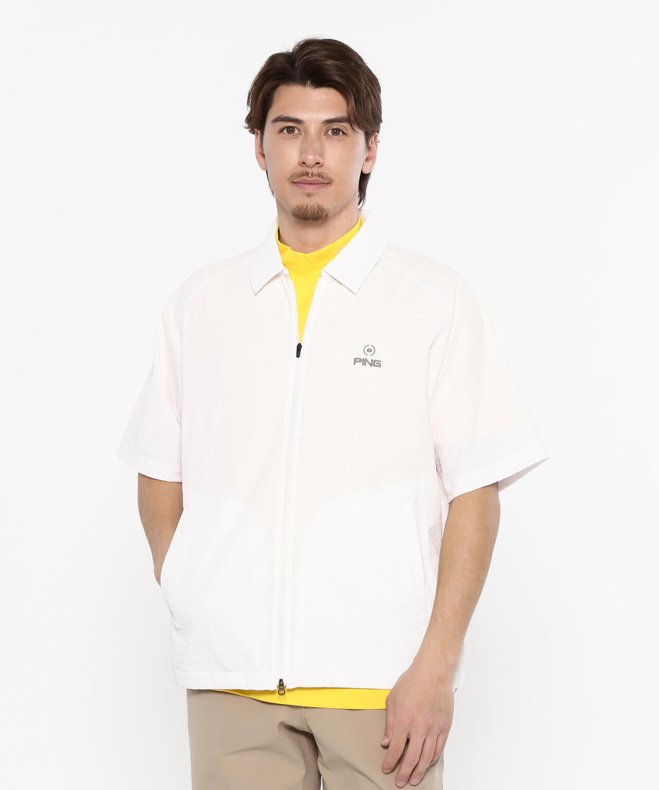 【PING APPAREL】全方向ストレッチサッカー半袖フルジップシャツ ＜NATIVE＞ (MENS)