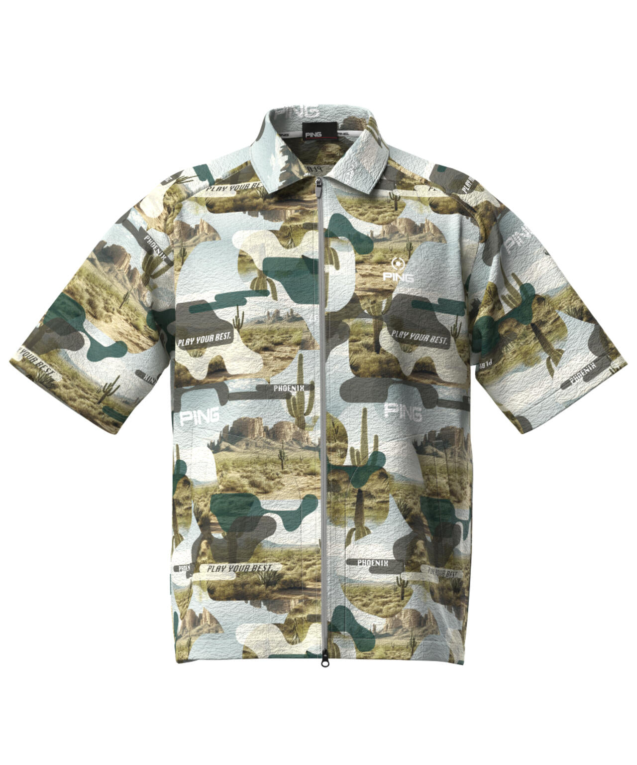 【PING APPAREL】全方向ストレッチサッカー半袖フルジップシャツ ＜NATIVE＞ (MENS)
