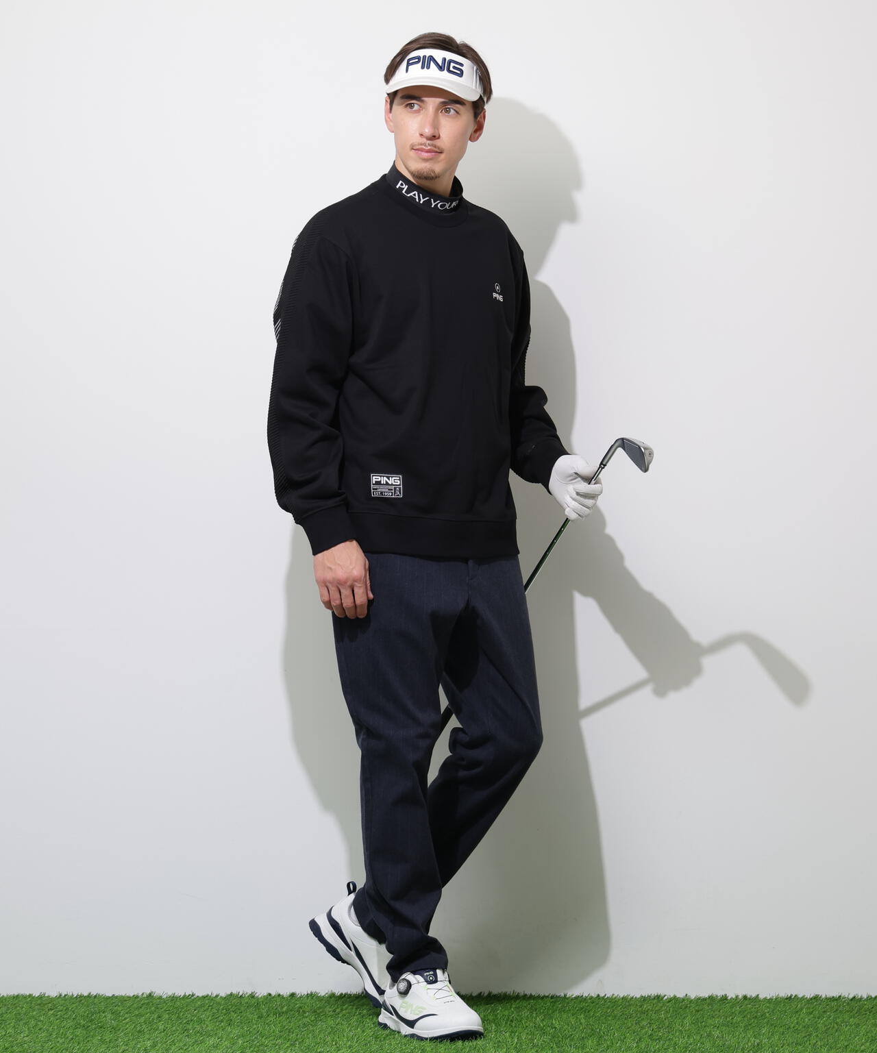 PING APPAREL】全方向ストレッチ ピンストライプテーパードパンツ