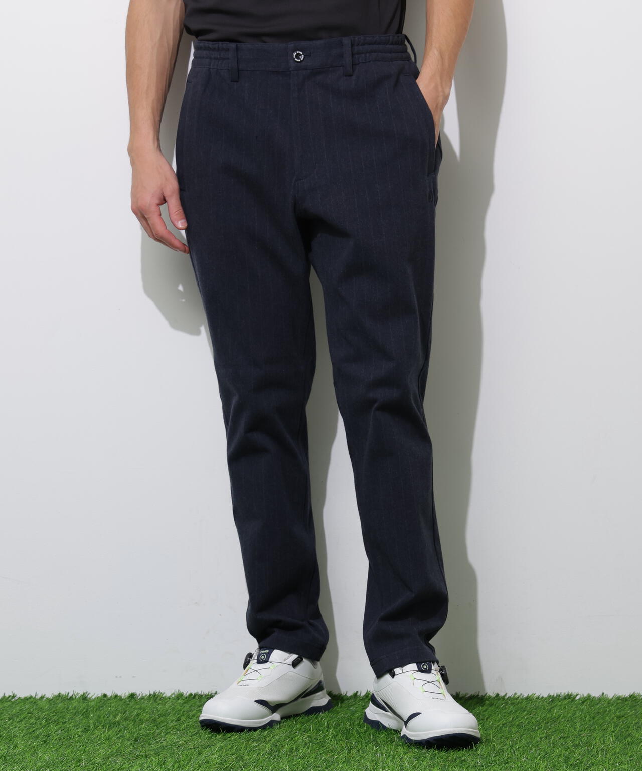 PING APPAREL】全方向ストレッチ ピンストライプテーパードパンツ
