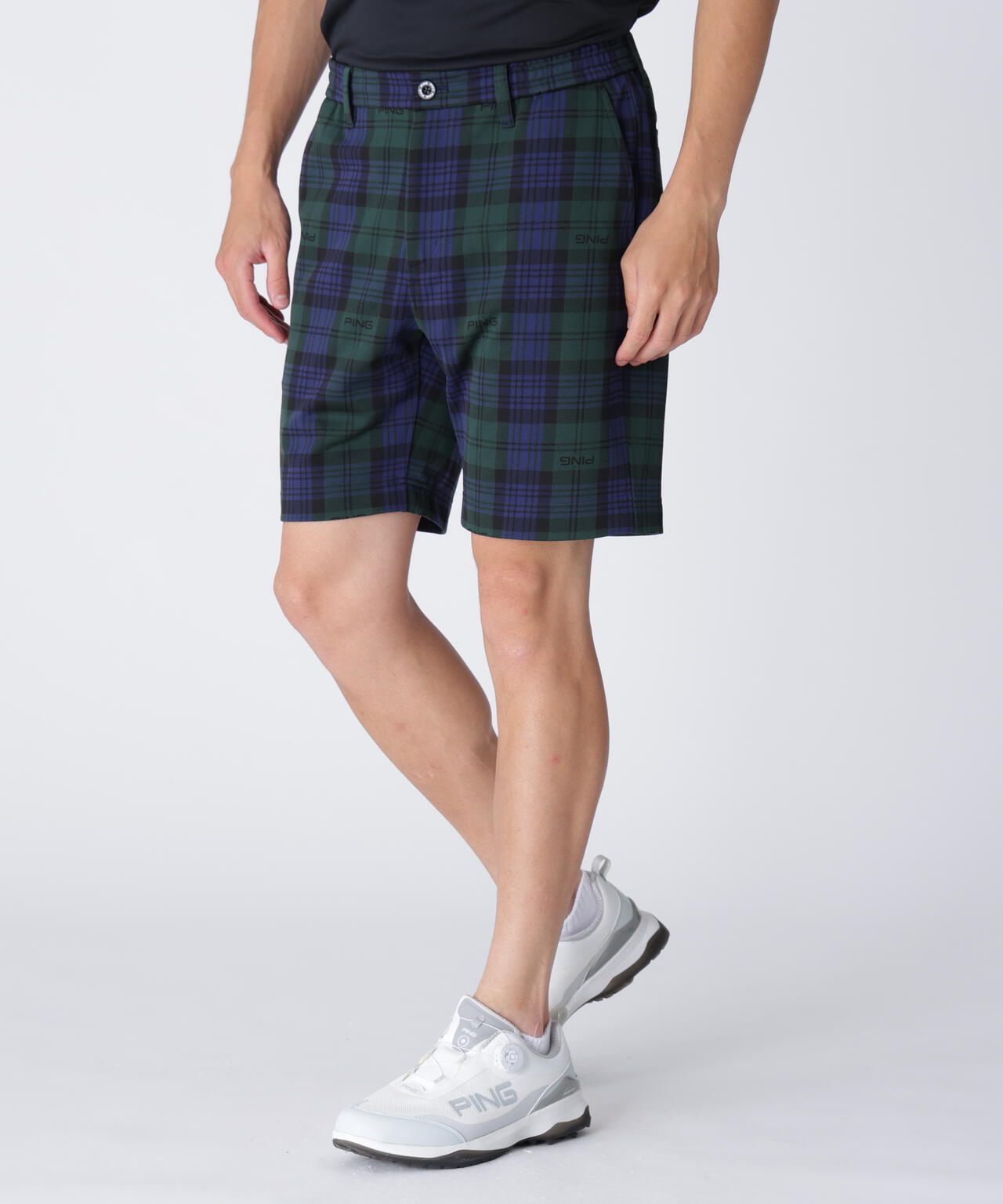 PING APPAREL】全方向ストレッチブラックウォッチショートパンツ