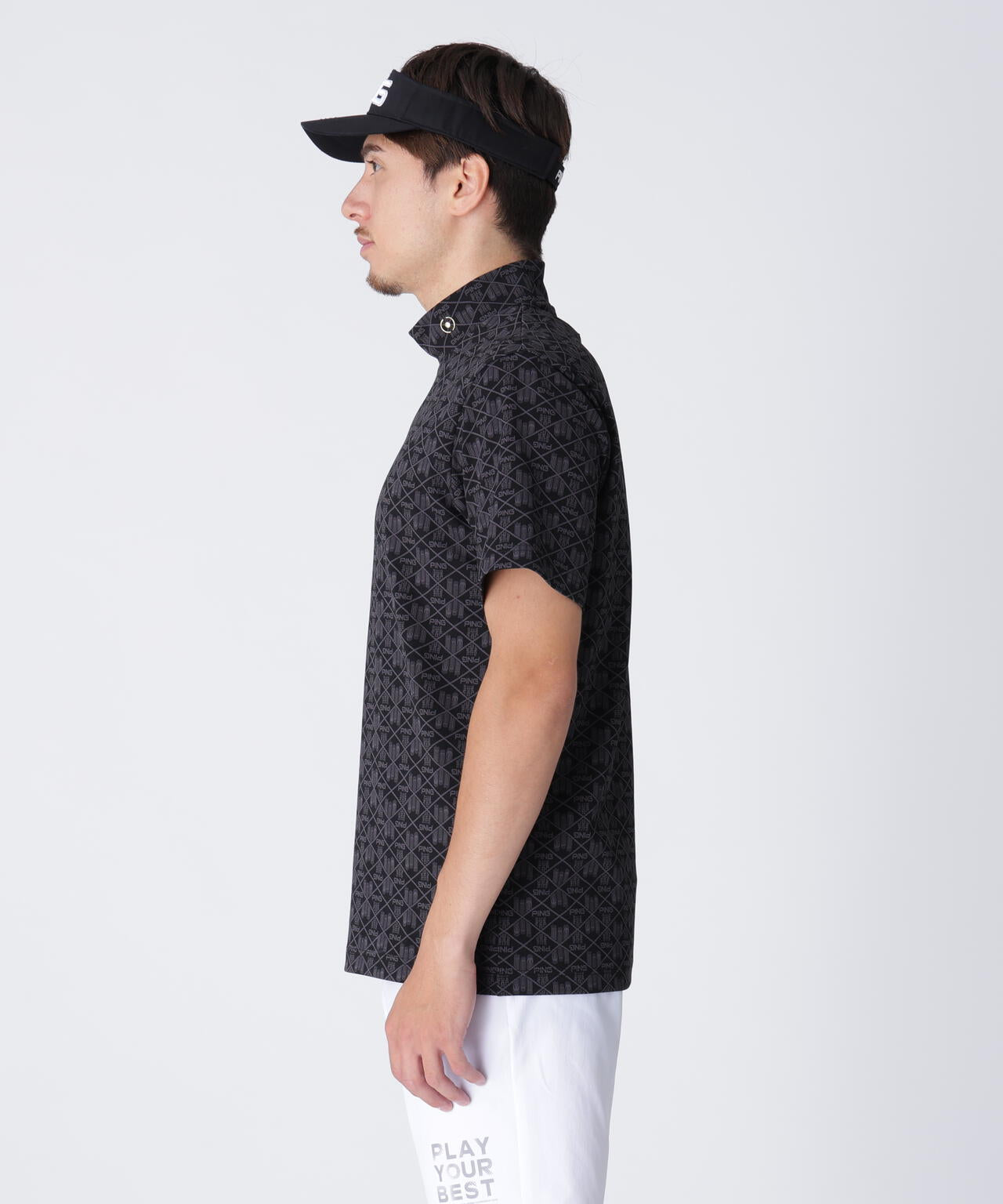 【PING APPAREL】全方向ストレッチフェニックスシティ柄ジャガード半袖ハイネックシャツ ＜GOLD＞ (MENS)