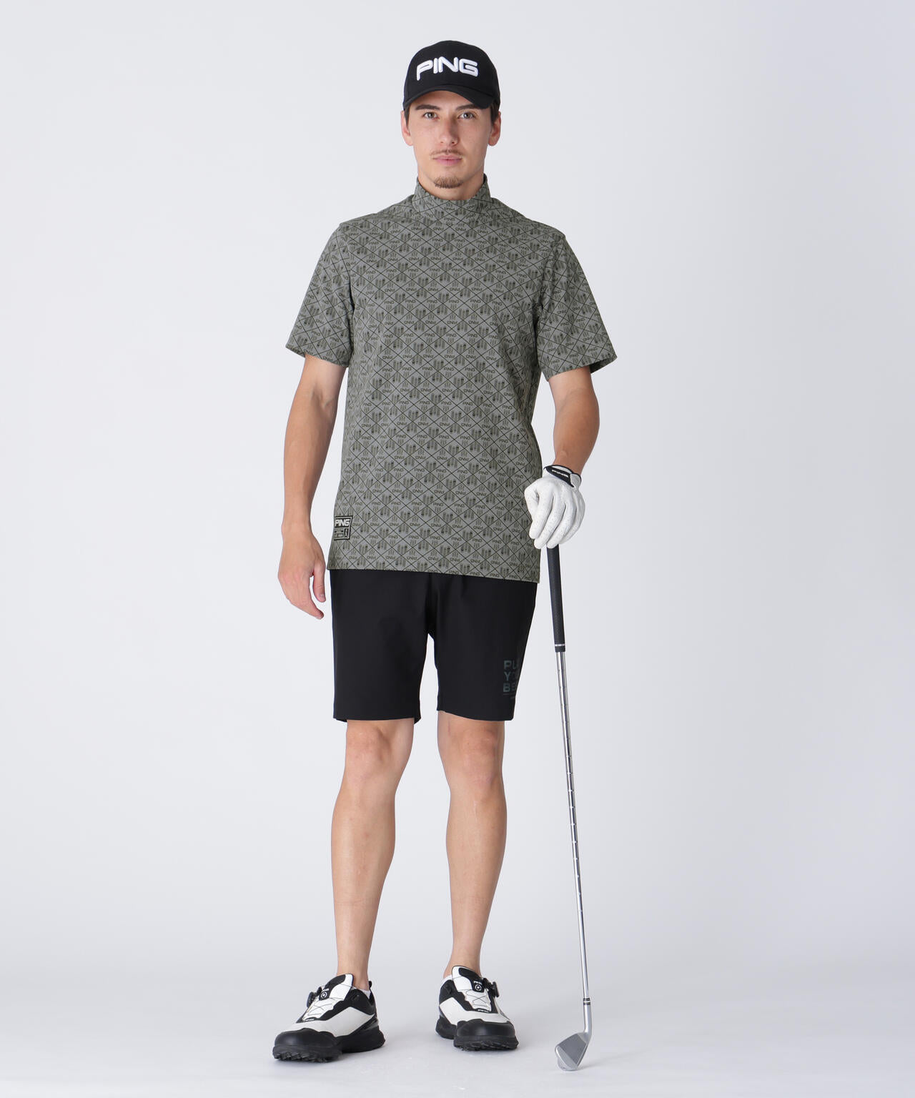 【PING APPAREL】全方向ストレッチフェニックスシティ柄ジャガード半袖ハイネックシャツ ＜GOLD＞ (MENS)