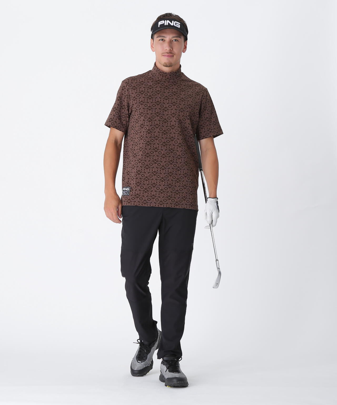 【PING APPAREL】全方向ストレッチフェニックスシティ柄ジャガード半袖ハイネックシャツ ＜GOLD＞ (MENS)