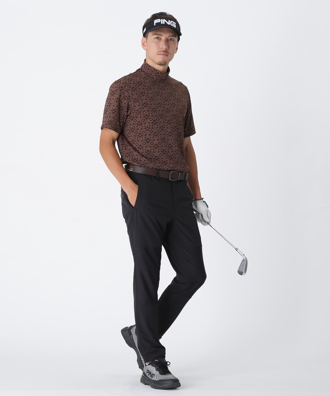 【PING APPAREL】全方向ストレッチフェニックスシティ柄ジャガード半袖ハイネックシャツ ＜GOLD＞ (MENS)