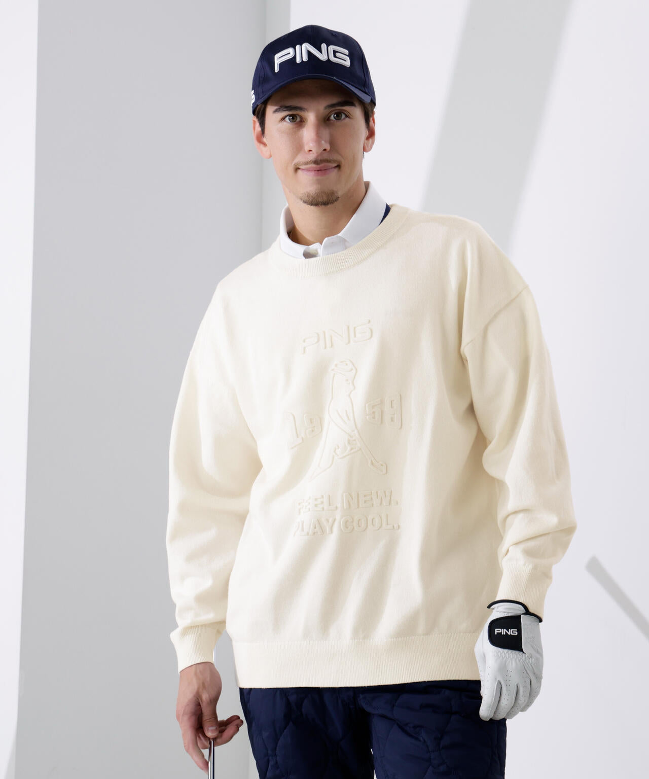 【PING APPAREL】エンボス加工ウールライククルーネックニットプルオーバー ＜NATIVE＞ (MENS)