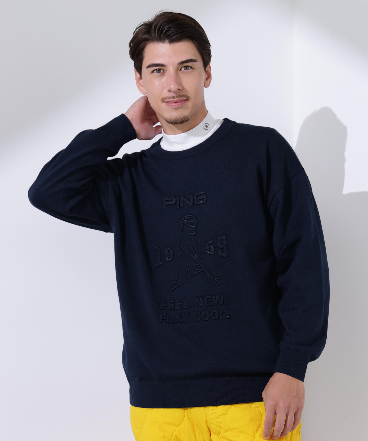 【PING APPAREL】エンボス加工ウールライククルーネックニットプルオーバー ＜NATIVE＞ (MENS)