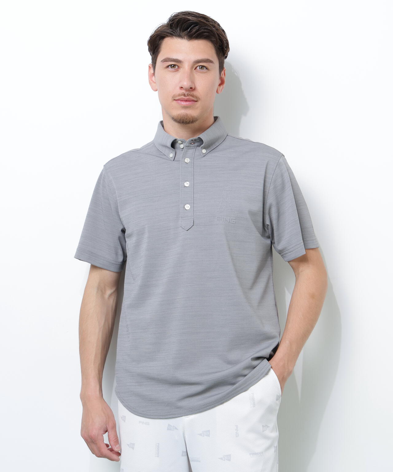 PING APPAREL】Mr.PINGエンボスカノコ レイブロック半袖ボタンダウン