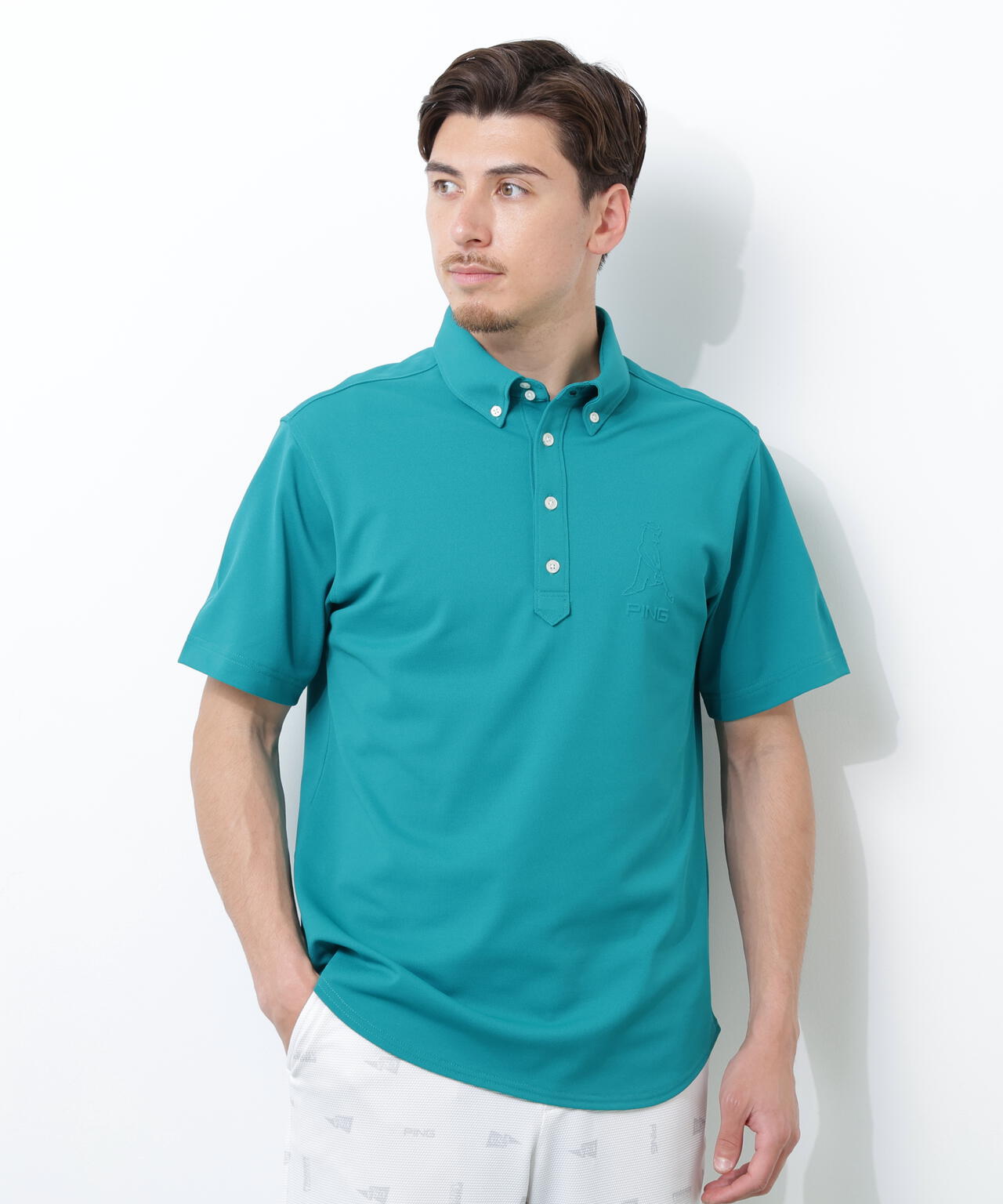 PING APPAREL】Mr.PINGエンボスカノコ レイブロック半袖ボタンダウン