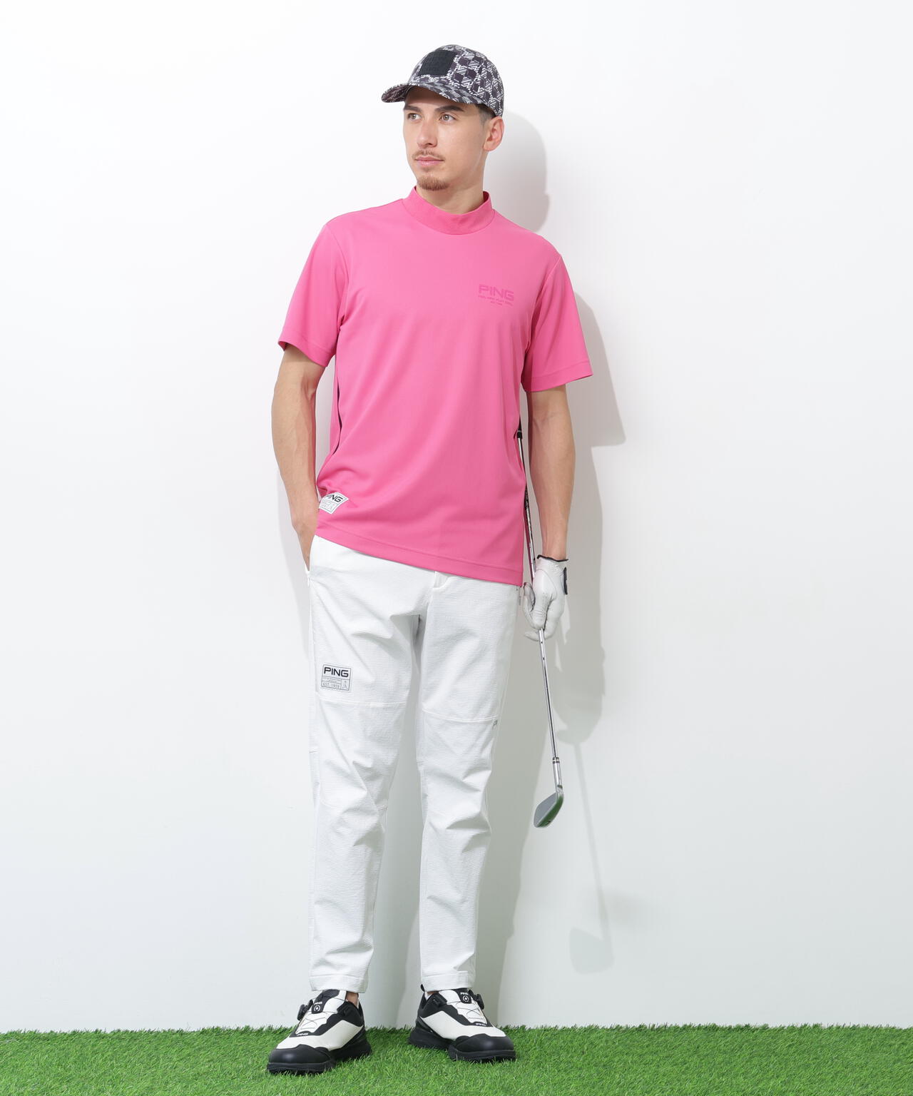 【新品タグ付き】PINGゴルフ　春夏セーター　ボーダー　ピンク　トップス PING APPAREL】サンベール×クールフローカノコ半袖ハイネックシャツ