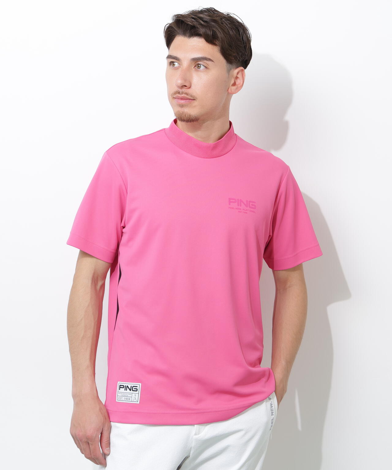 ピンク　シャツ PING APPAREL】サンベール×クールフローカノコ半袖ハイネックシャツ