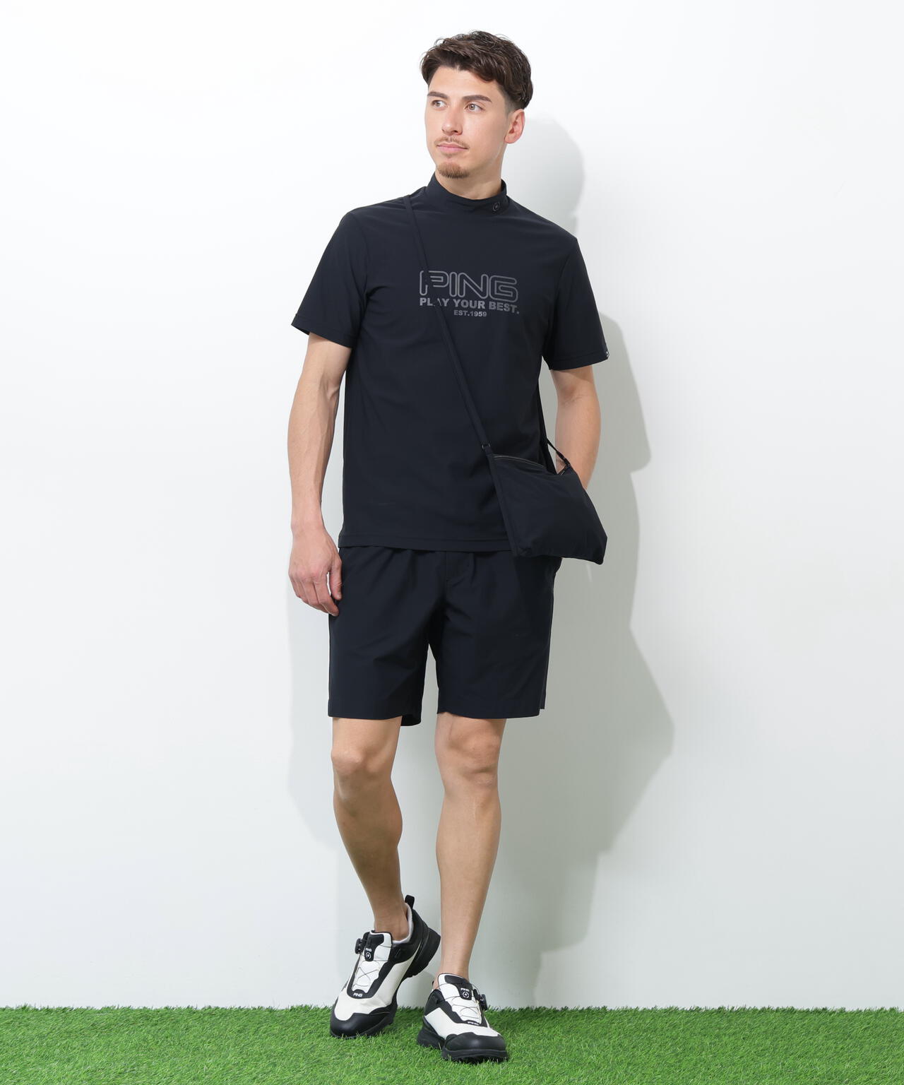 PING APPAREL】全方向ストレッチドットメッシュ半袖ハイネックシャツ
