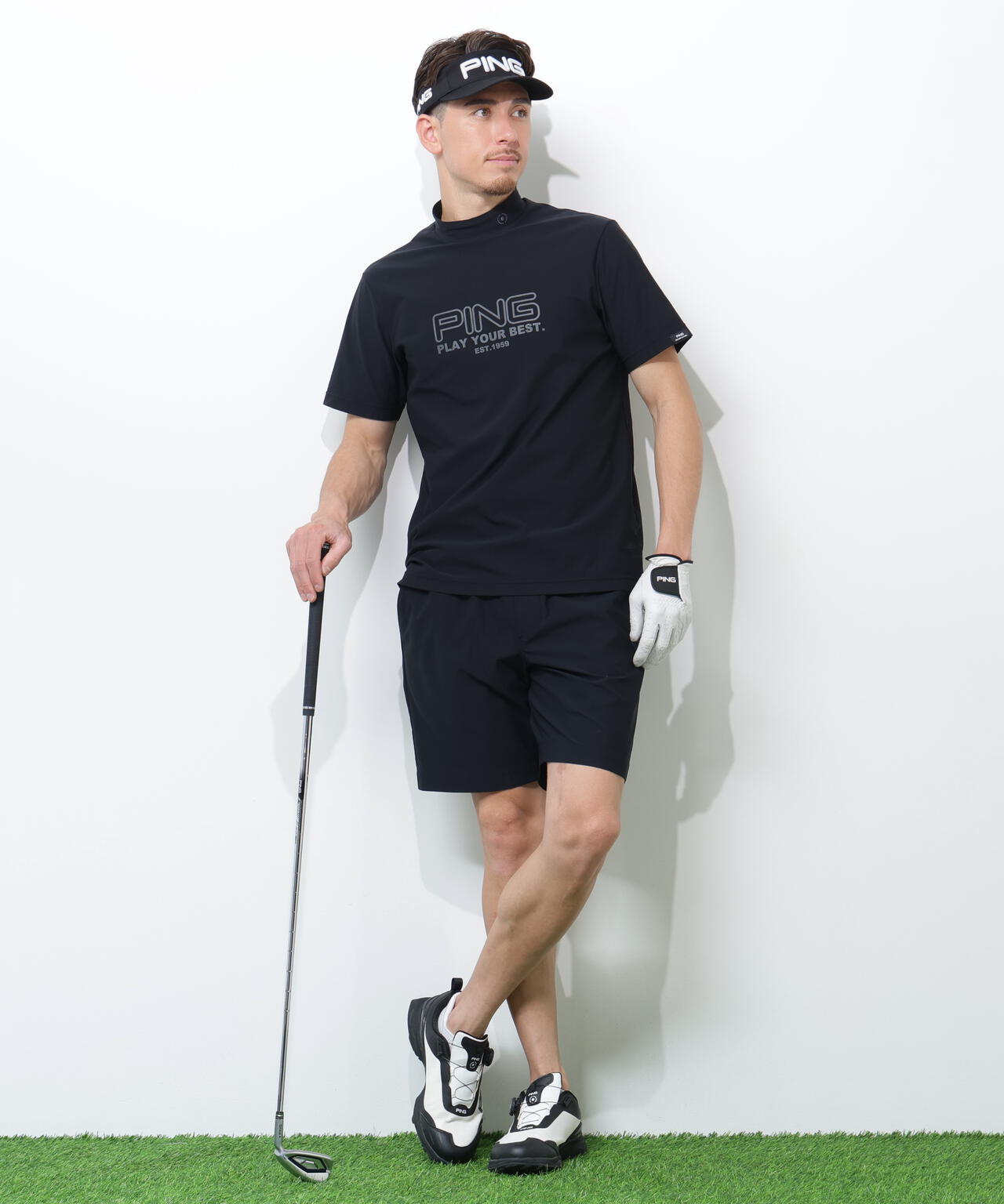 PING APPAREL】全方向ストレッチドットメッシュ半袖ハイネックシャツ