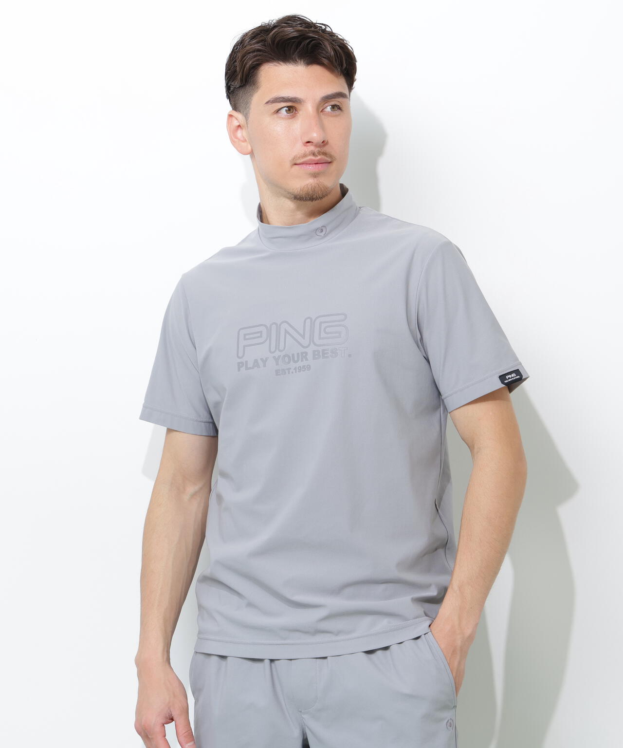 PING APPAREL】全方向ストレッチドットメッシュ半袖ハイネックシャツ