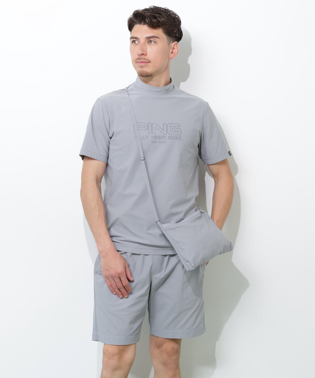 penetral トレーニングウェアセット（半袖短パン）XL グレー PING APPAREL】全方向ストレッチドットメッシュ半袖ハイネックシャツ