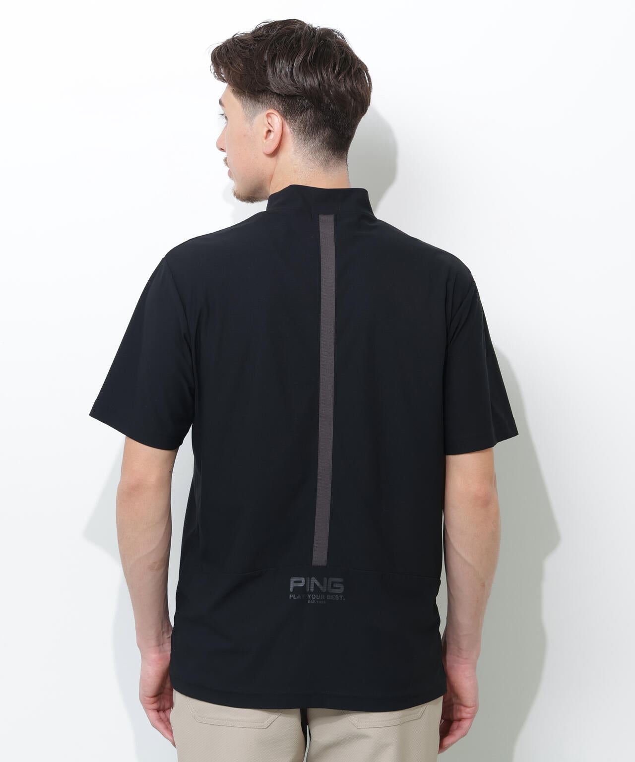 MARK & LONA ブラック ハイネック半袖シャツ PING APPAREL】シングルメッシュ レイブロック半袖ハイネックシャツ