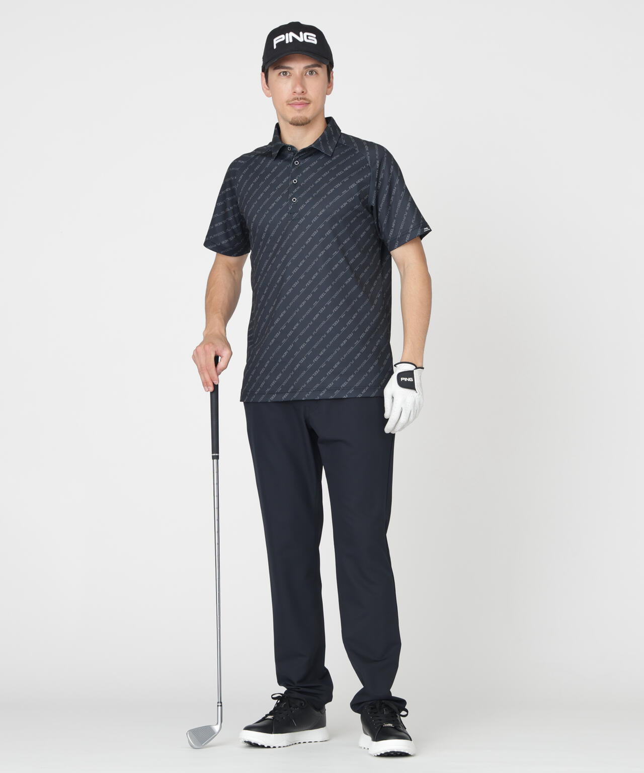 【PING APPAREL】軽量ブリスターバイアスロゴストライププリント半袖ポロシャツ (MENS)
