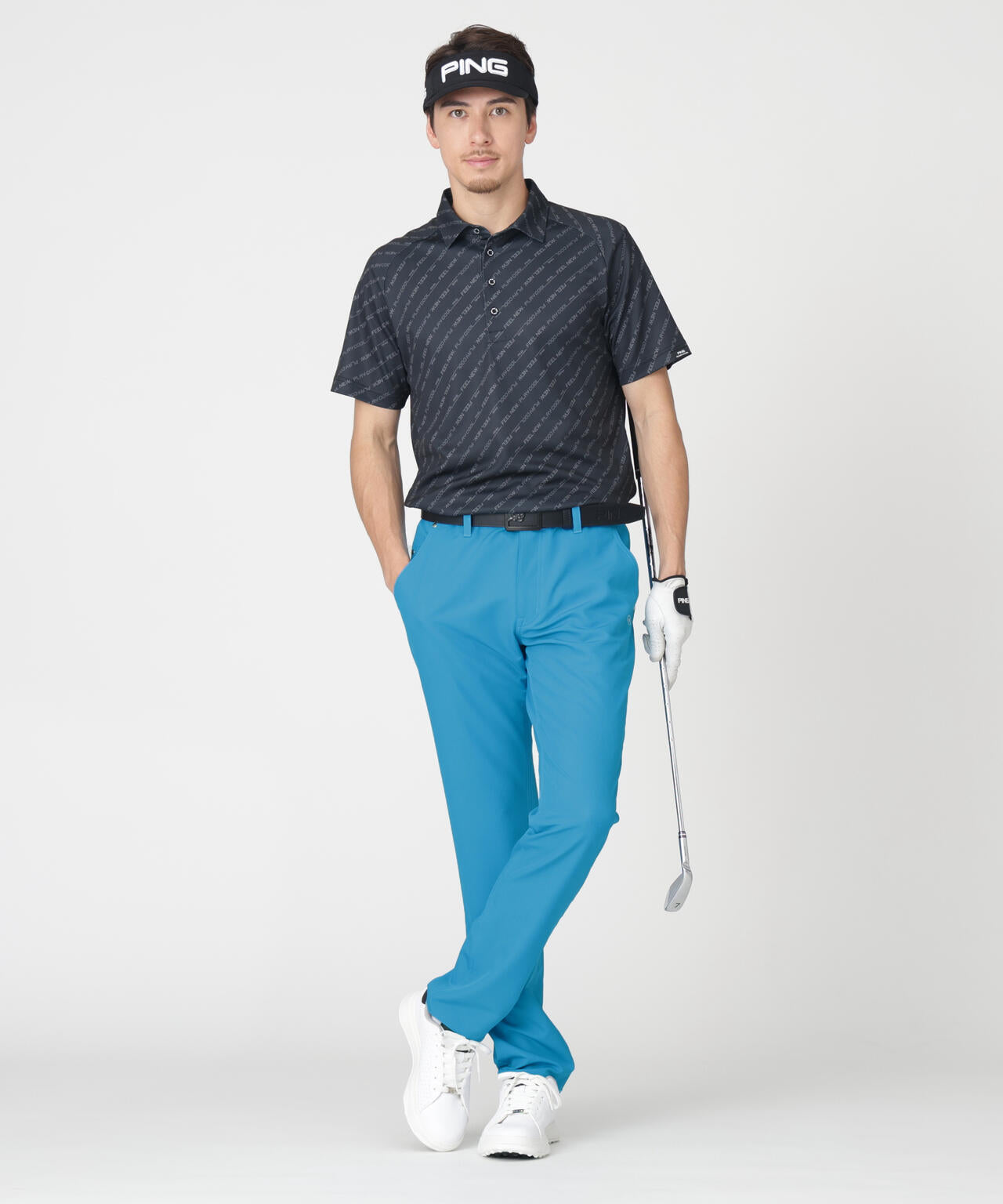 【PING APPAREL】軽量ブリスターバイアスロゴストライププリント半袖ポロシャツ (MENS)