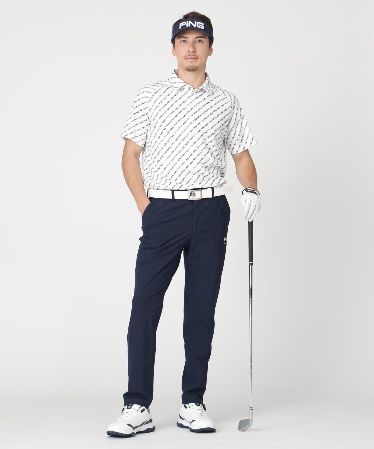 【PING APPAREL】軽量ブリスターバイアスロゴストライププリント半袖ポロシャツ (MENS)