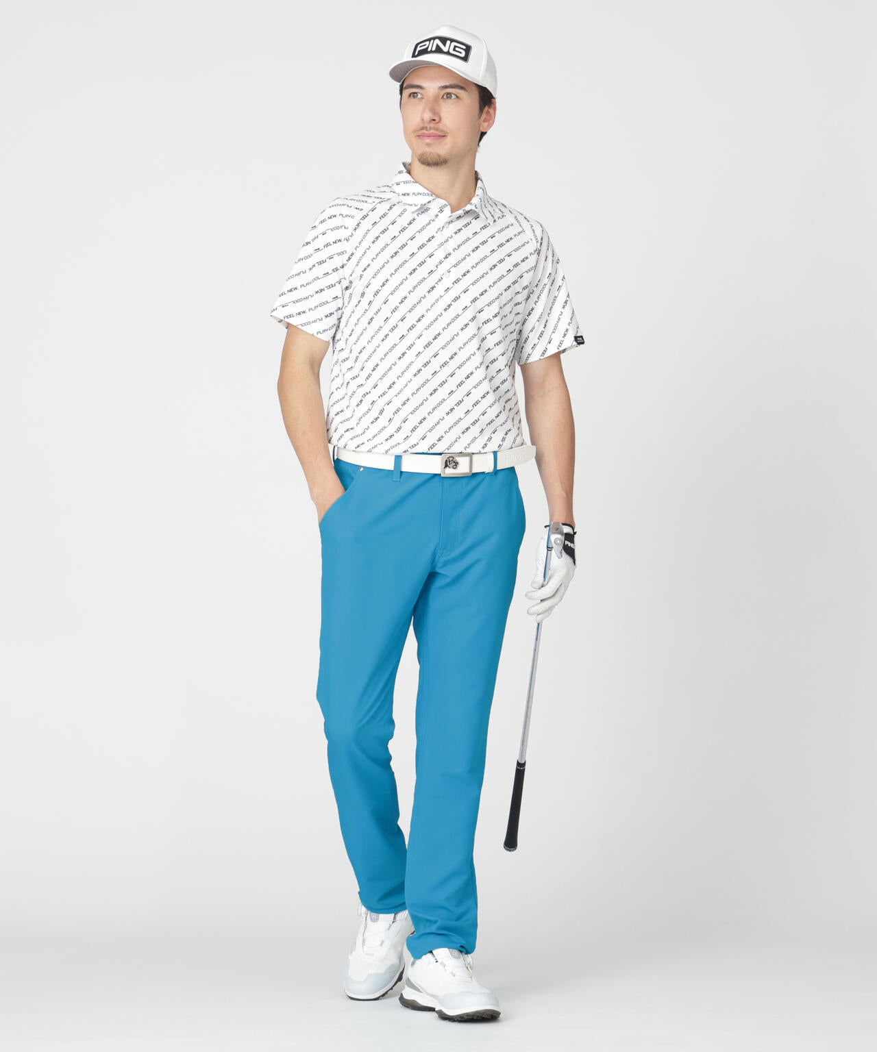 【PING APPAREL】軽量ブリスターバイアスロゴストライププリント半袖ポロシャツ (MENS)