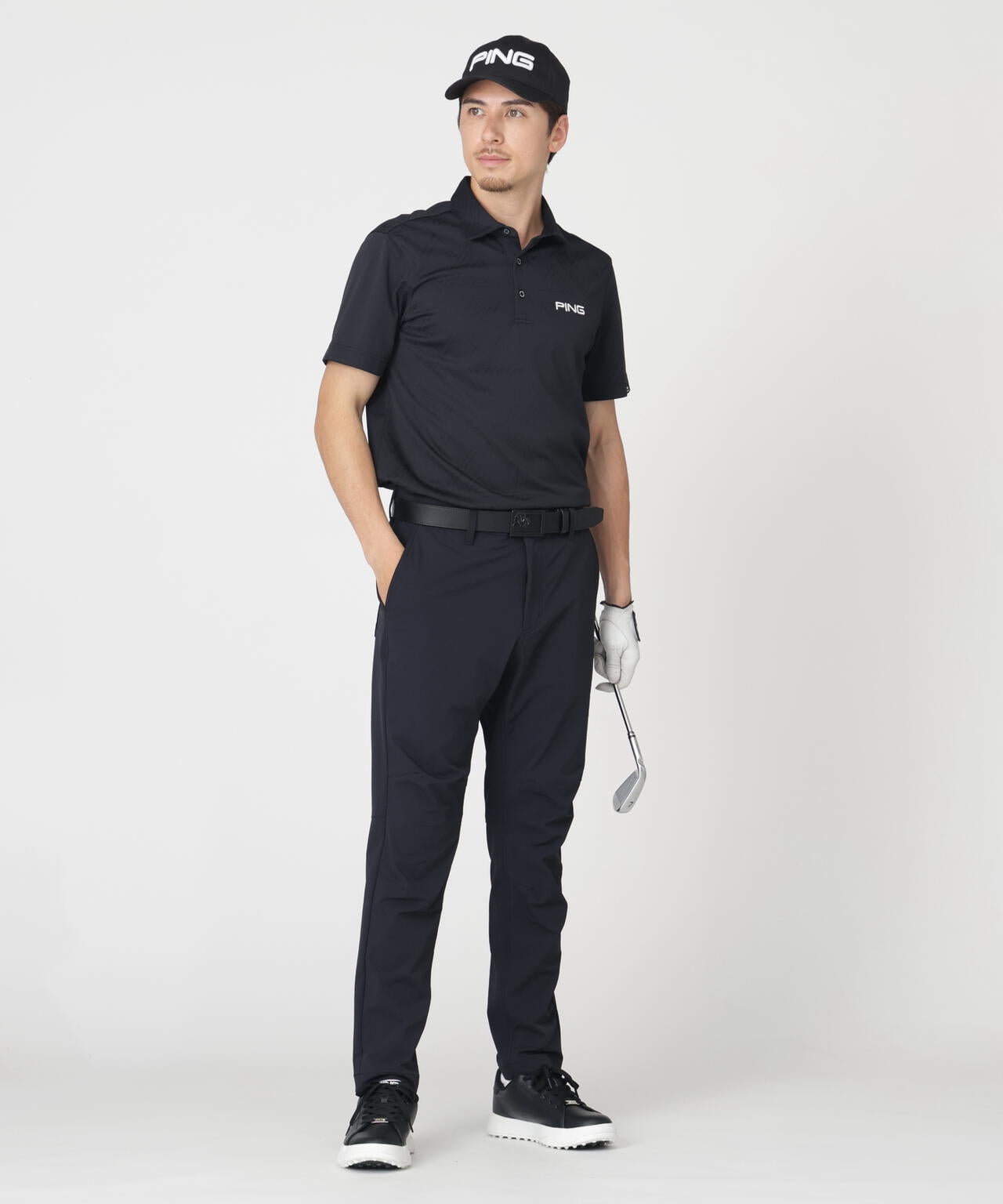 【PING APPAREL】ストレッチダルブラ三角幾何学柄ジャガード半袖ポロシャツ (MENS)