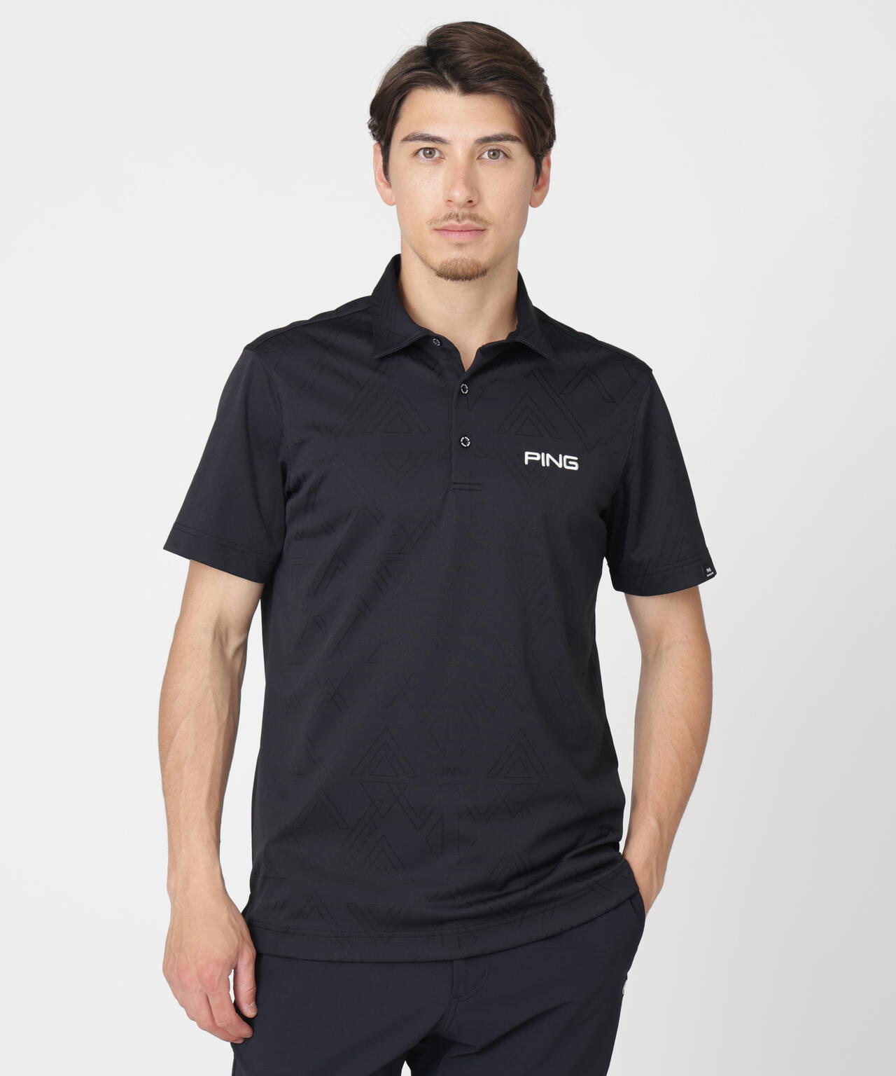 【PING APPAREL】ストレッチダルブラ三角幾何学柄ジャガード半袖ポロシャツ (MENS)