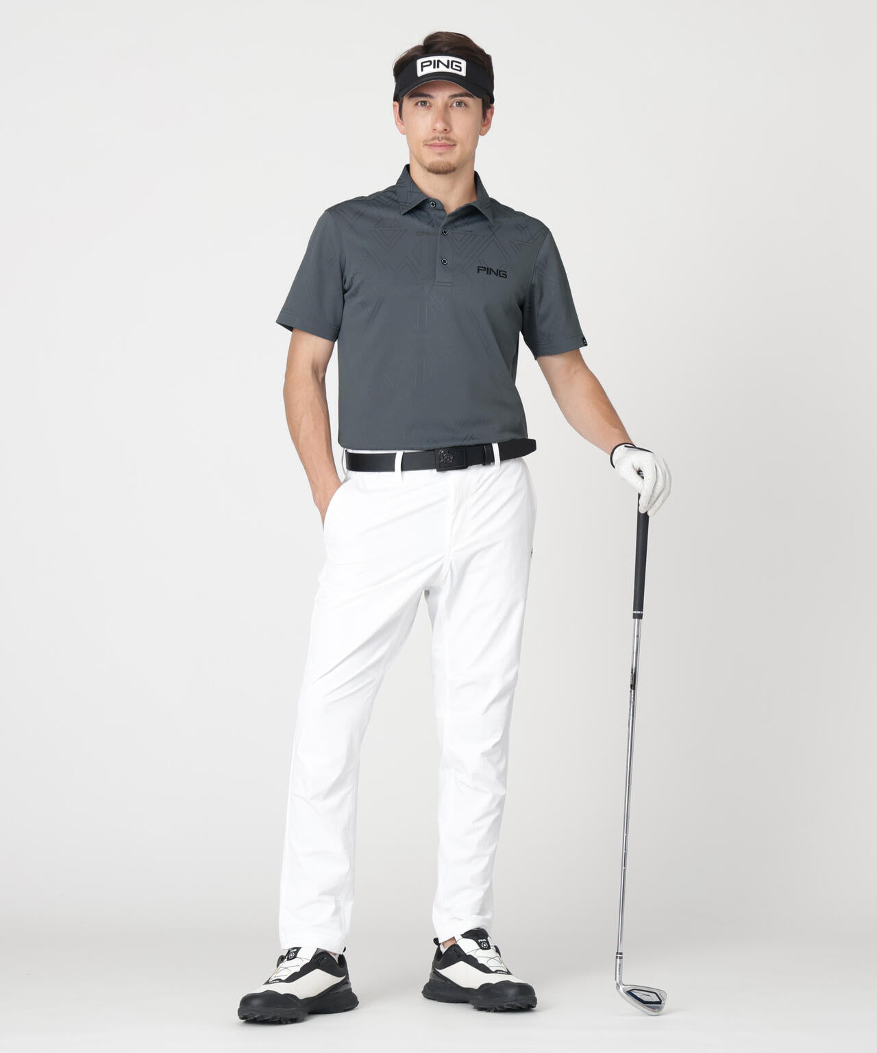 【PING APPAREL】ストレッチダルブラ三角幾何学柄ジャガード半袖ポロシャツ (MENS)