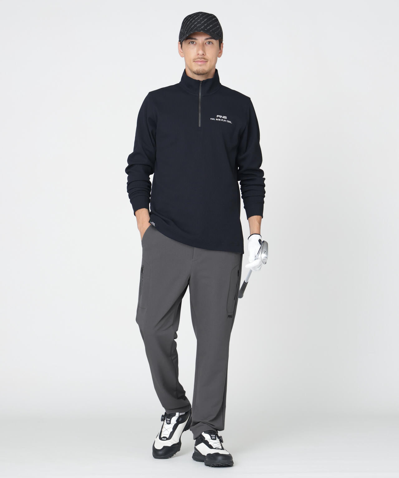 【PING APPAREL】ストレッチワッフルハーフジップカットソー (MENS)