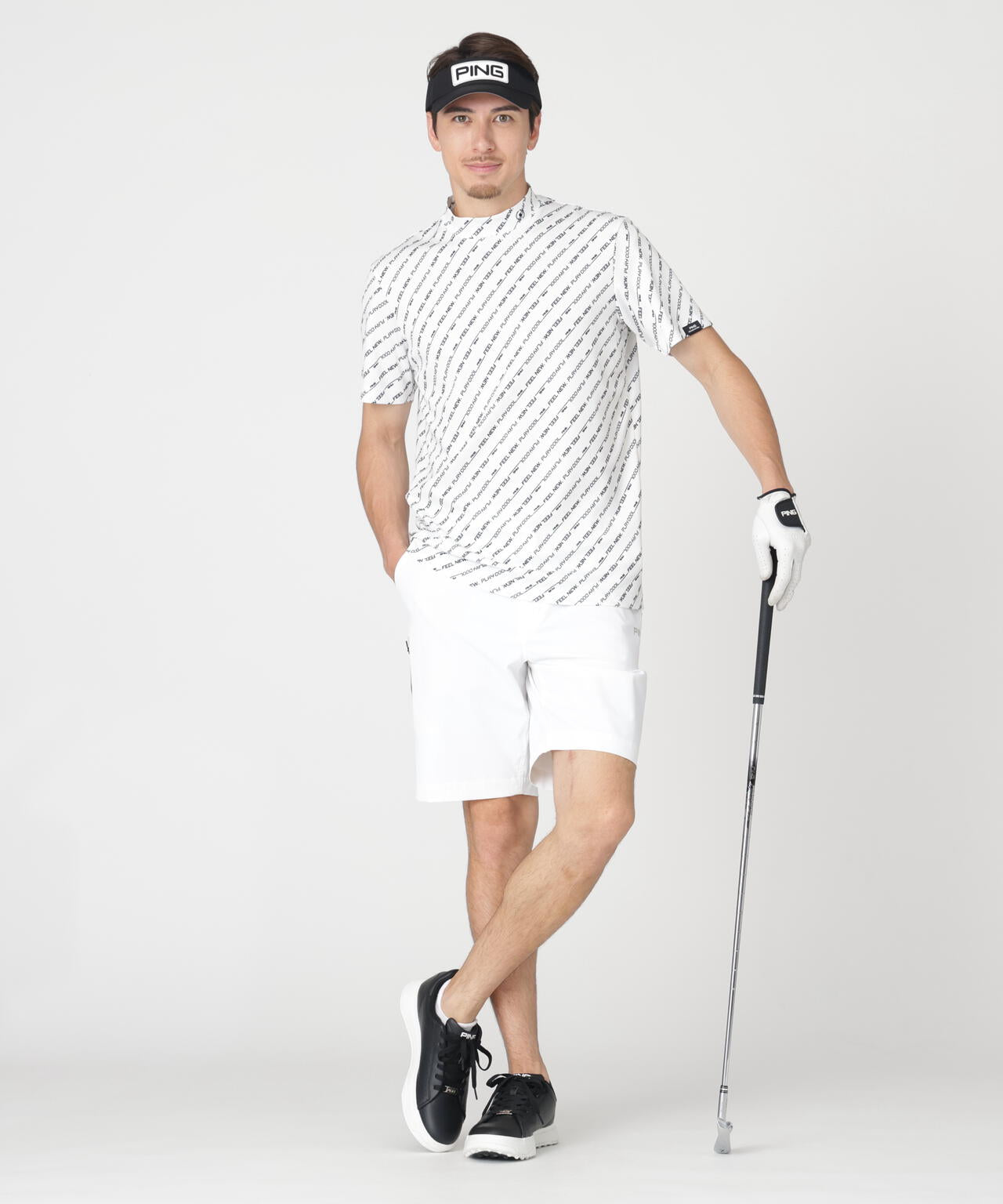 【PING APPAREL】軽量ブリスターバイアスロゴストライププリント半袖ハイネックシャツ (MENS)