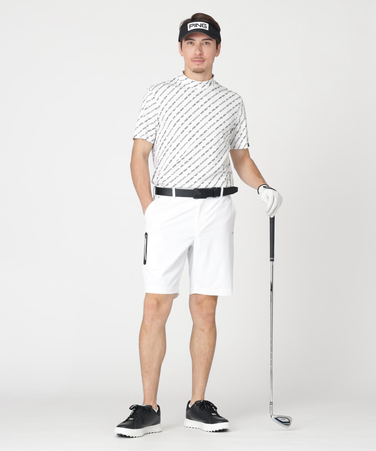 【PING APPAREL】軽量ブリスターバイアスロゴストライププリント半袖ハイネックシャツ (MENS)