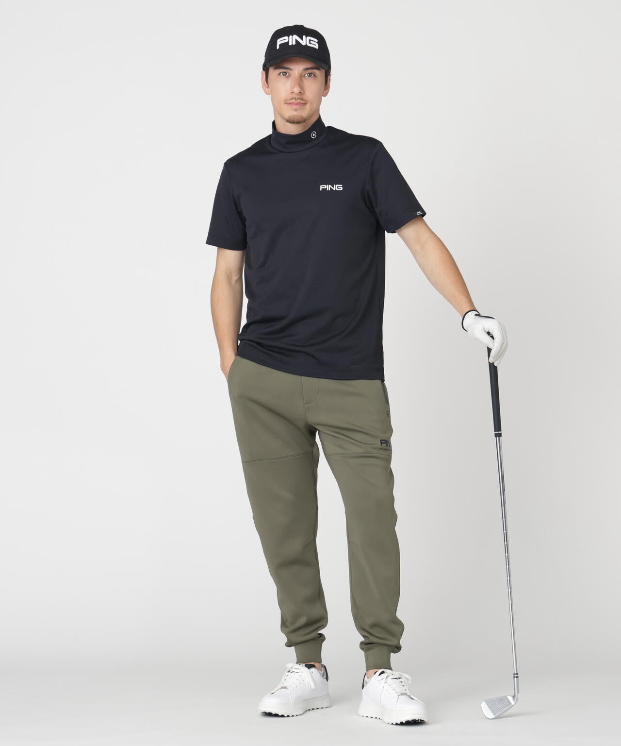 【PING APPAREL】ストレッチダルブラ三角幾何学柄ジャカード半袖ハイネックシャツ (MENS)