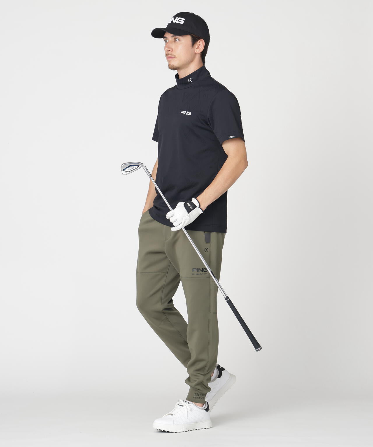 【PING APPAREL】ストレッチダルブラ三角幾何学柄ジャカード半袖ハイネックシャツ (MENS)