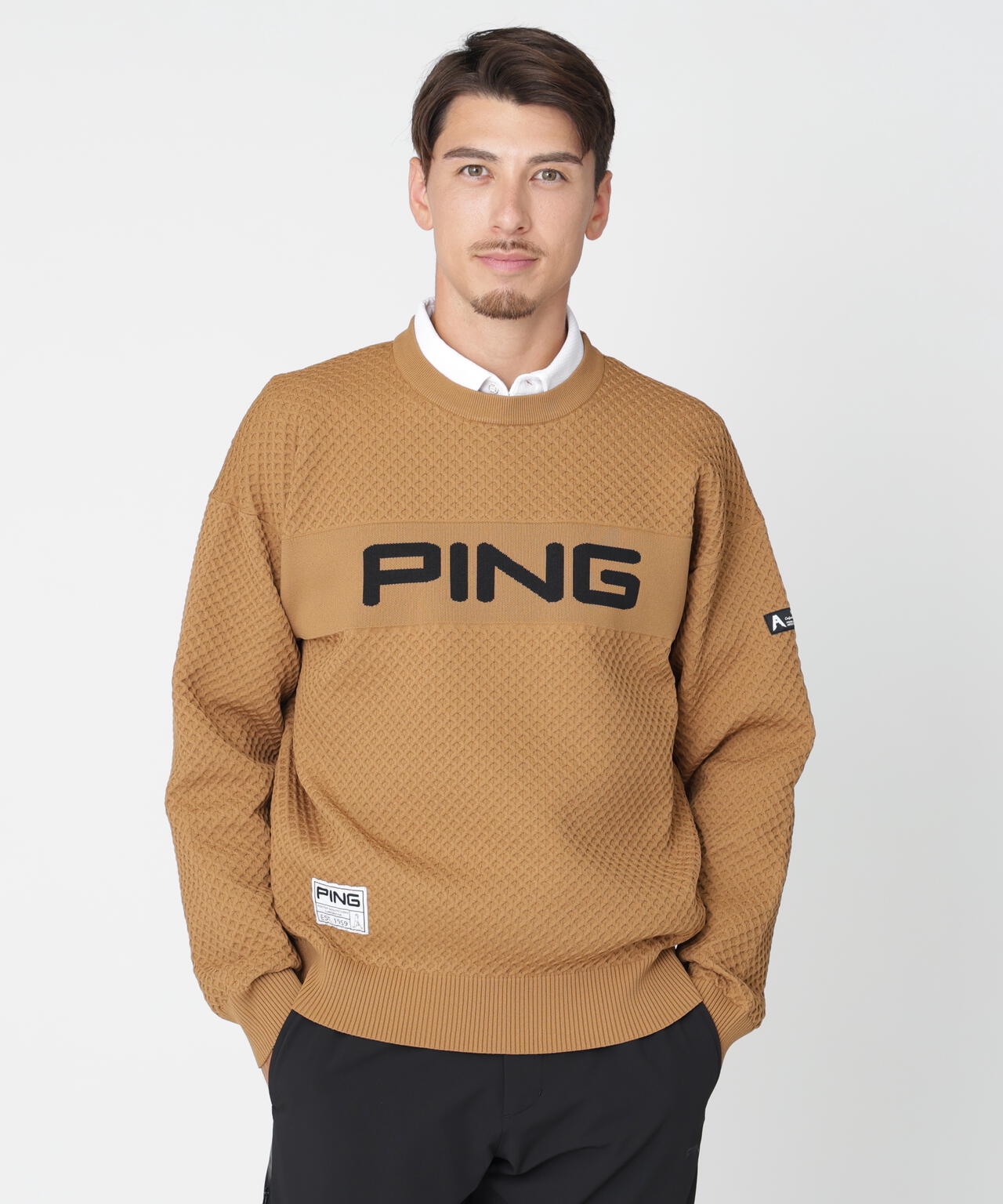 PING APPAREL] ハニカムジャカードクルーネックニットプルオーバー