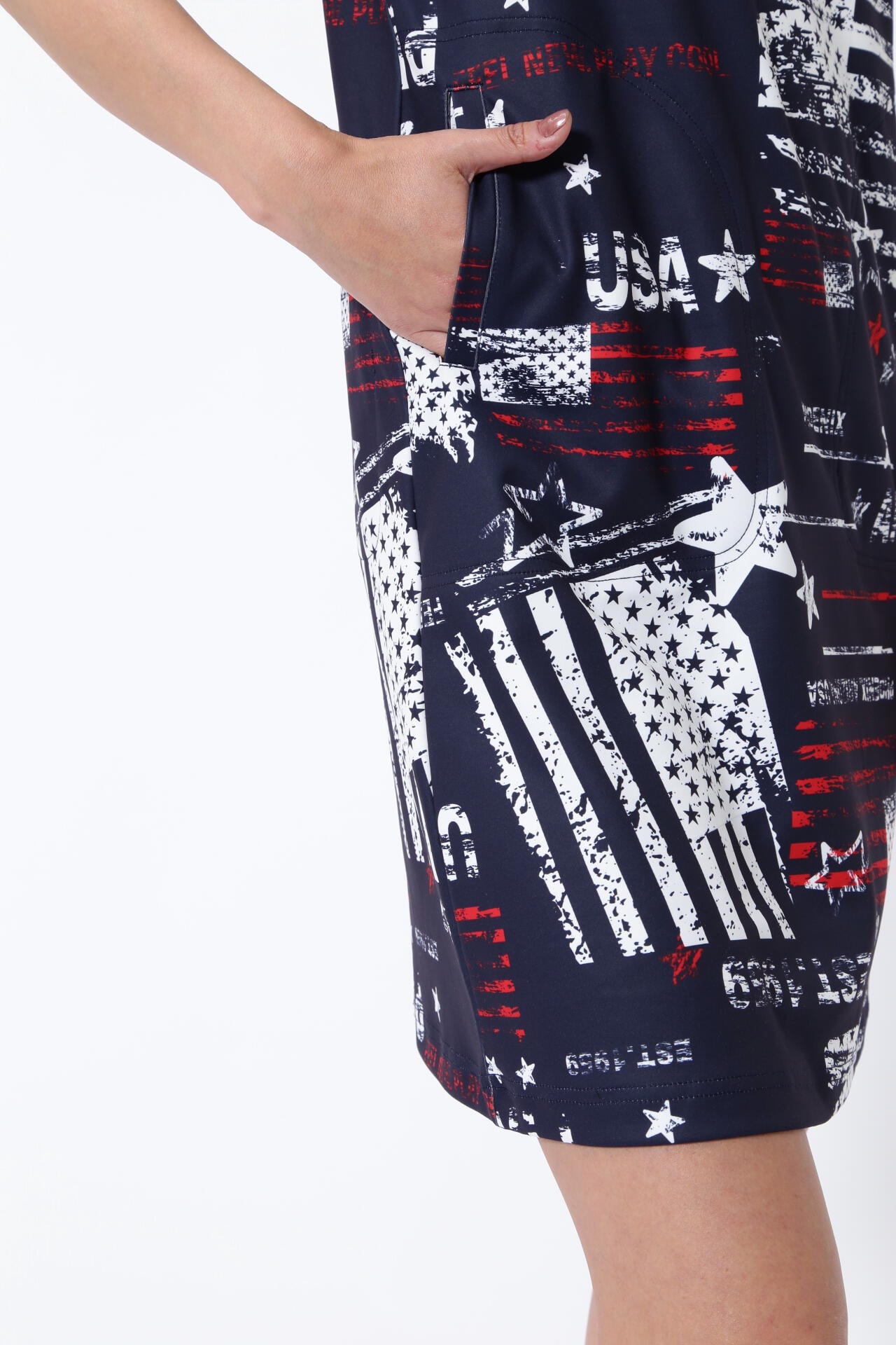 【PING APPAREL】ニューアメリカンフラッグプリント柄 スムース半袖フーディ調ワンピース ＜NATIVE＞ (LADIES)