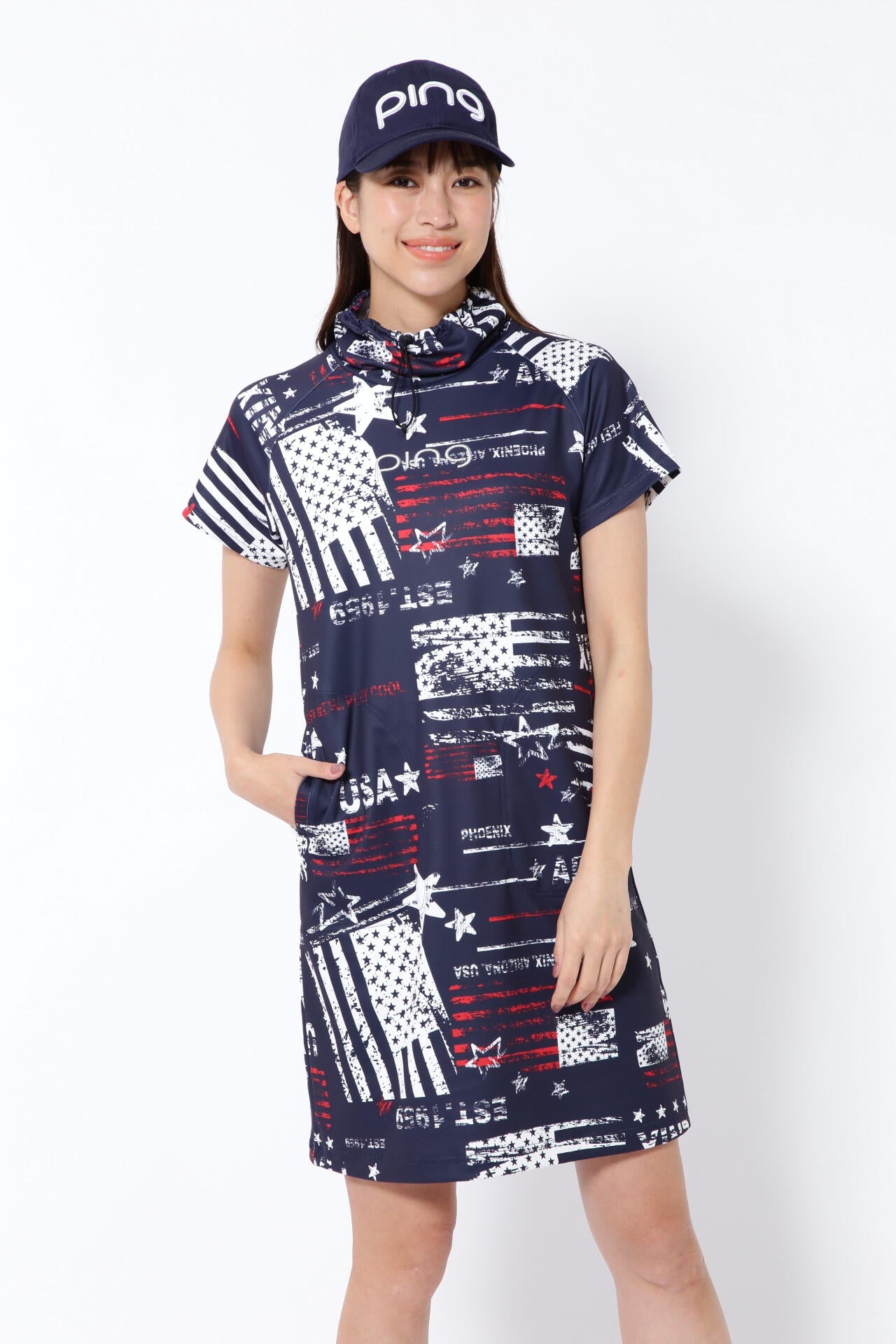 【PING APPAREL】ニューアメリカンフラッグプリント柄 スムース半袖フーディ調ワンピース ＜NATIVE＞ (LADIES)