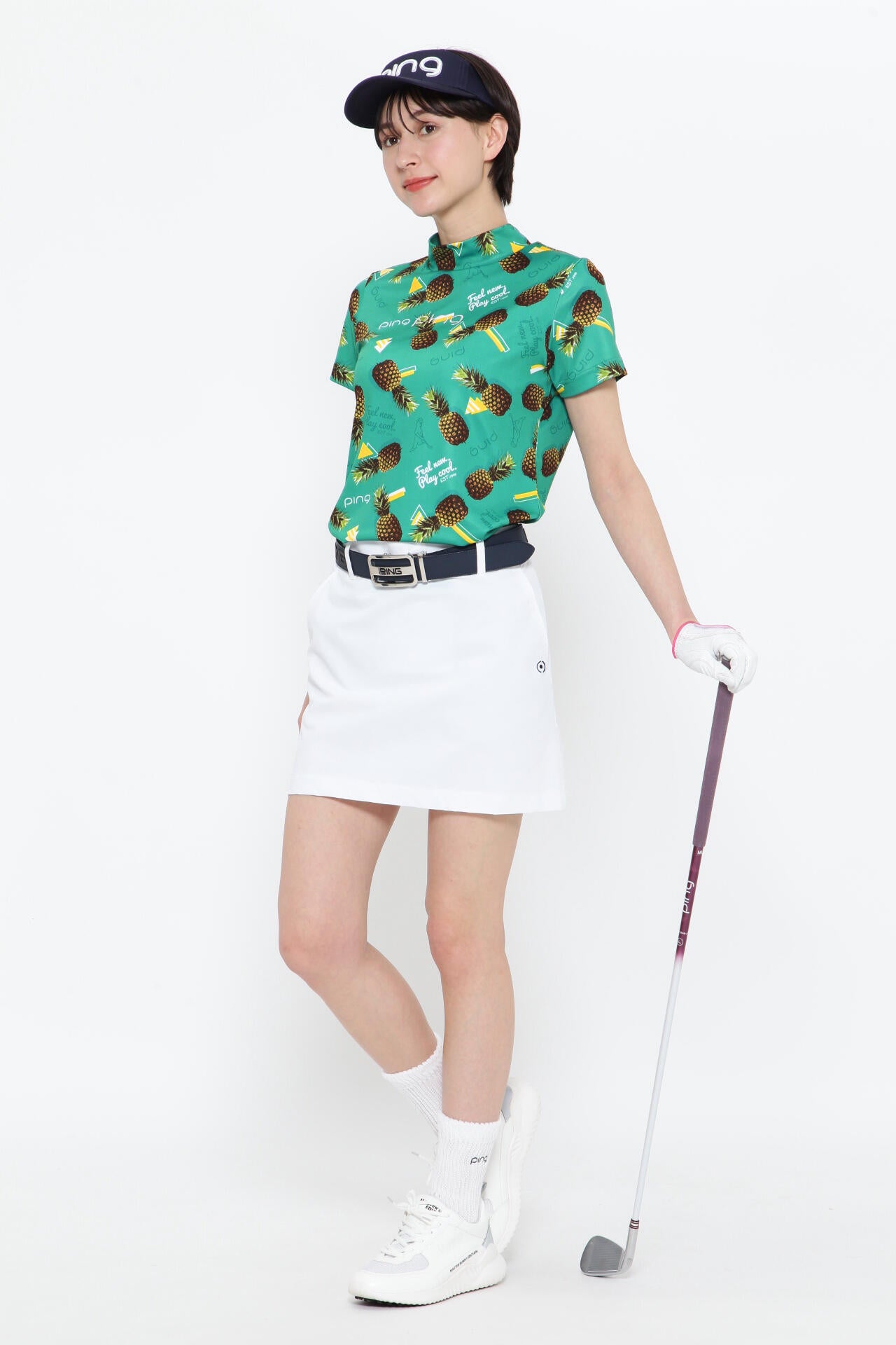 【PING APPAREL】フレッシュフルーツプリント ポリエステルカノコ半袖ハイネックカットソー ＜NATIVE＞ (LADIES)